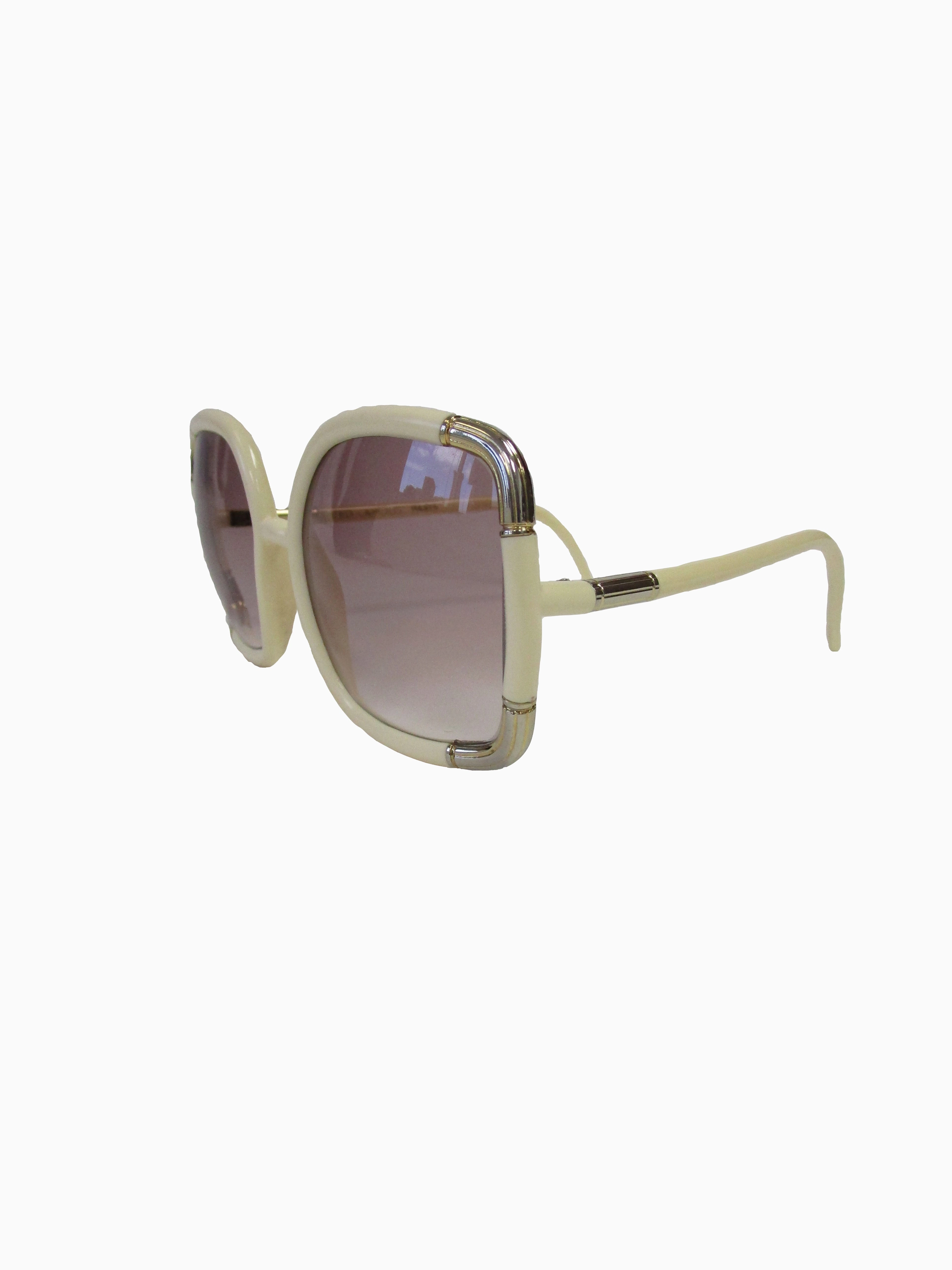 1970s Ted Lapidus Paris Ivory and Gold Hardware Over-sized Sunglasses