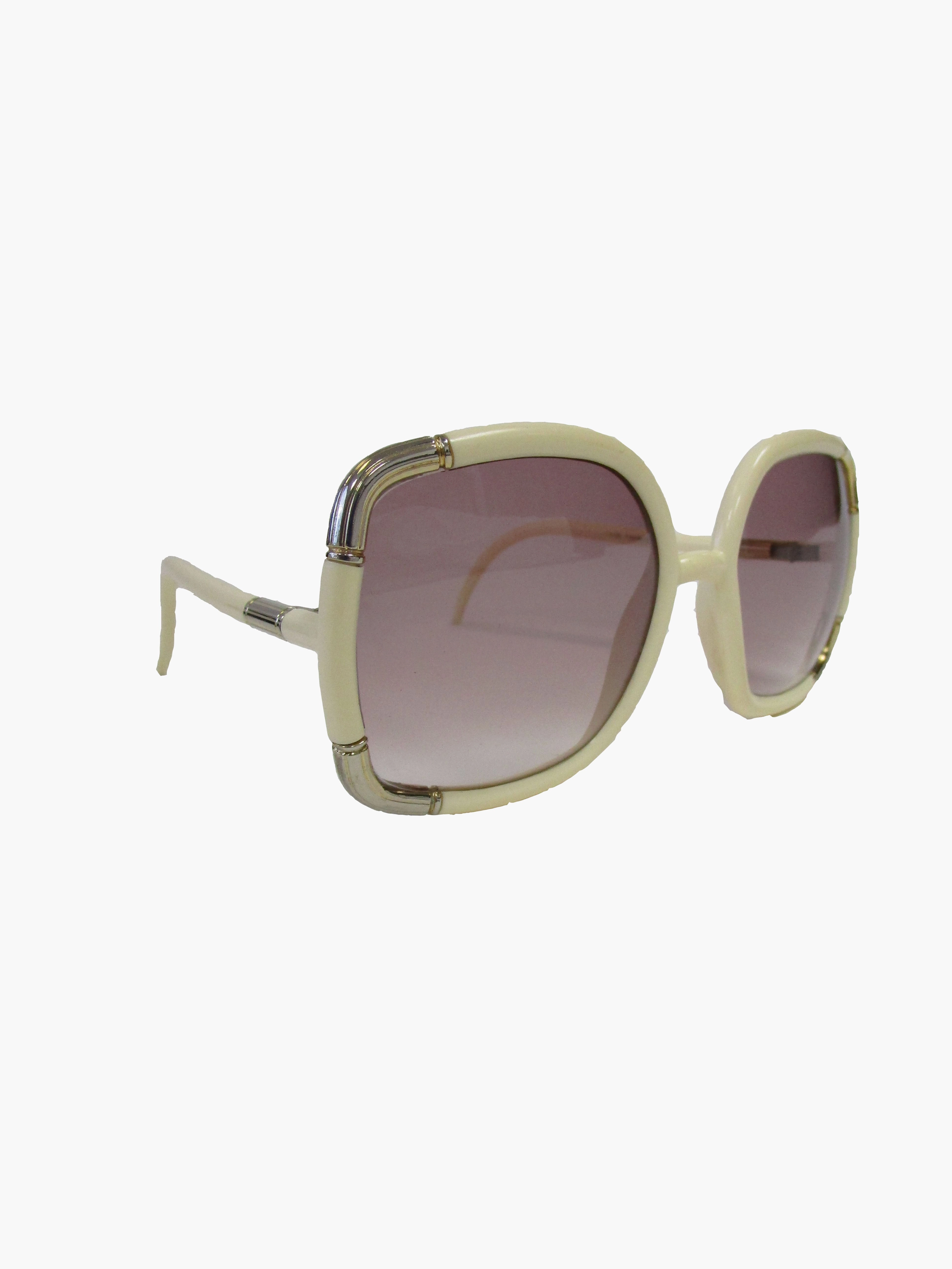 1970s Ted Lapidus Paris Ivory and Gold Hardware Over-sized Sunglasses