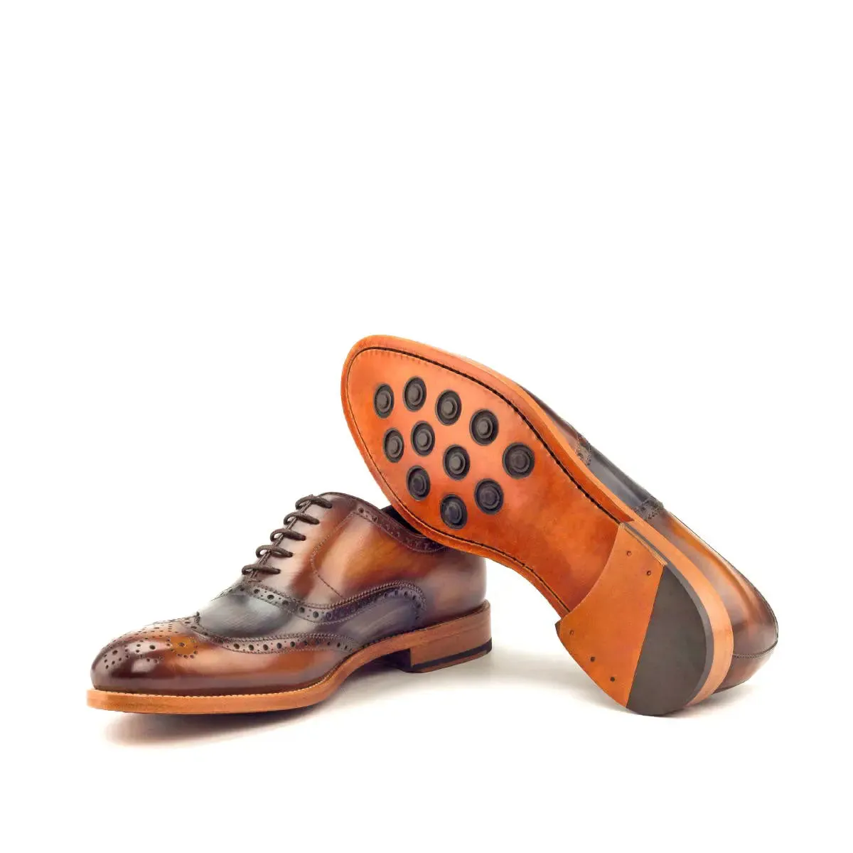 Dapperfam Shoes DapperFam Aeron in Cognac / Grey Men's Hand-Painted Patina Full Brogue