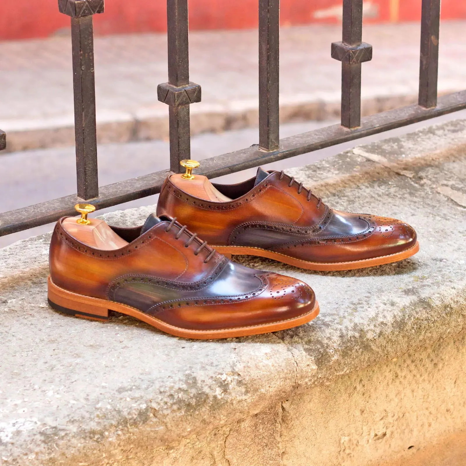 Dapperfam Shoes DapperFam Aeron in Cognac / Grey Men's Hand-Painted Patina Full Brogue