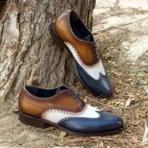Dapperfam Shoes DapperFam Aeron in Denim / White / Cognac Men's Italian Leather & Hand-Painted Patina Full Brogue