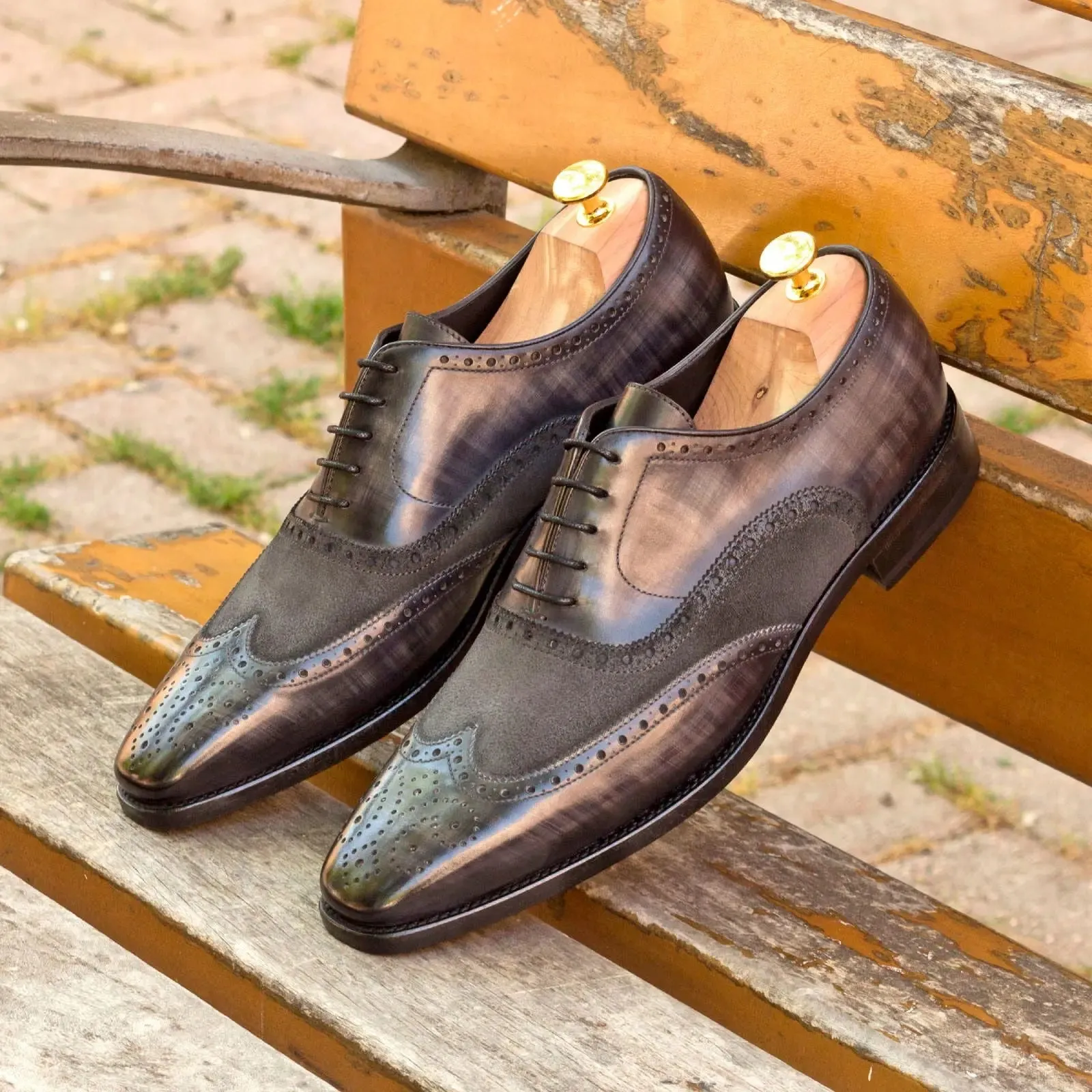 Dapperfam Shoes DapperFam Aeron in Grey Men's Lux Suede & Hand-Painted Patina Full Brogue