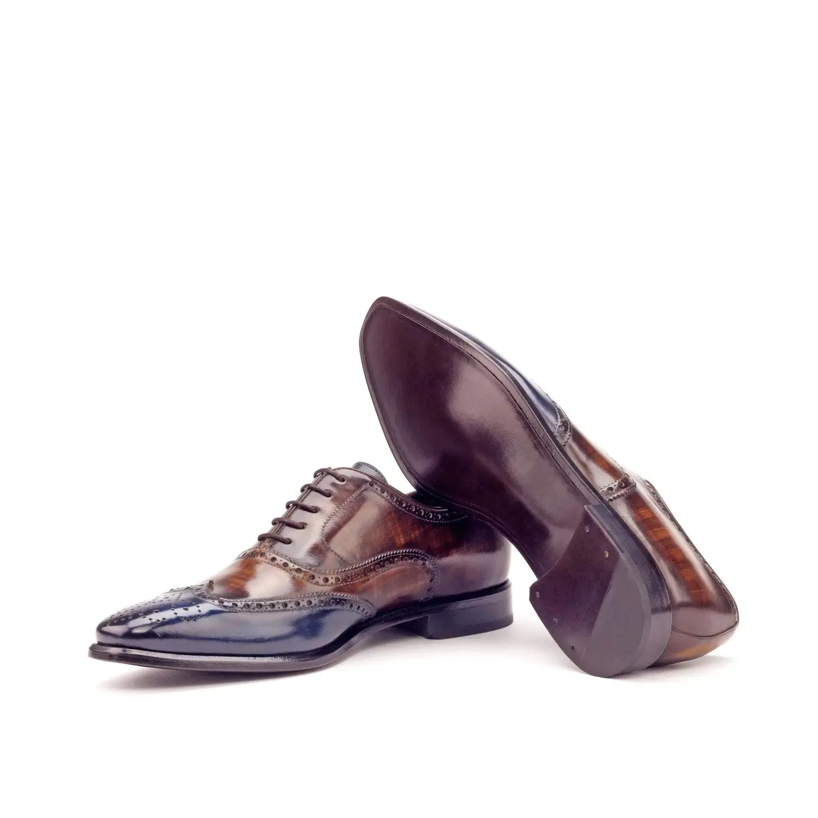 Dapperfam Shoes DapperFam Aeron in Med Brown / Brown / Denim Men's Italian Leather & Hand-Painted Patina Full Brogue
