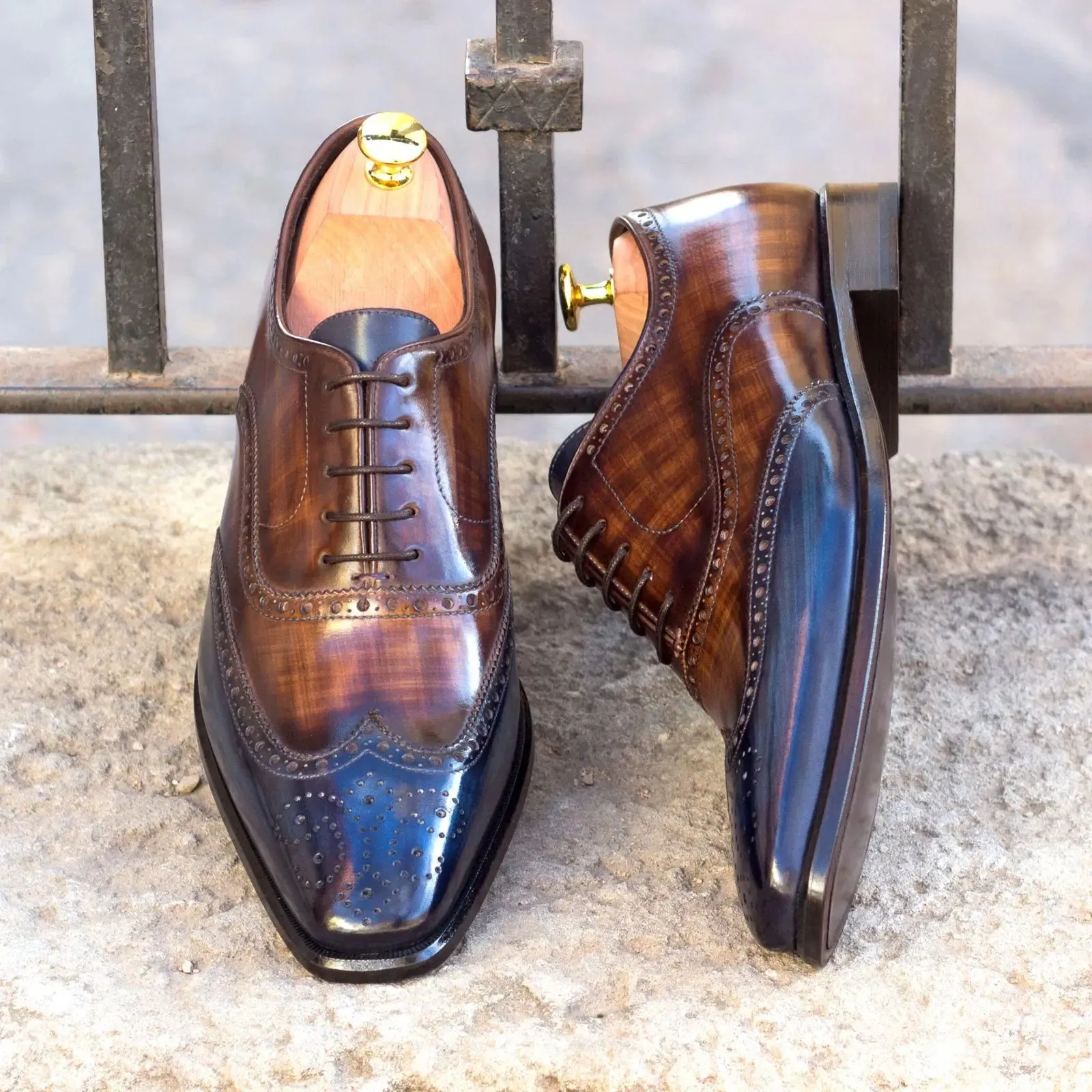 Dapperfam Shoes DapperFam Aeron in Med Brown / Brown / Denim Men's Italian Leather & Hand-Painted Patina Full Brogue