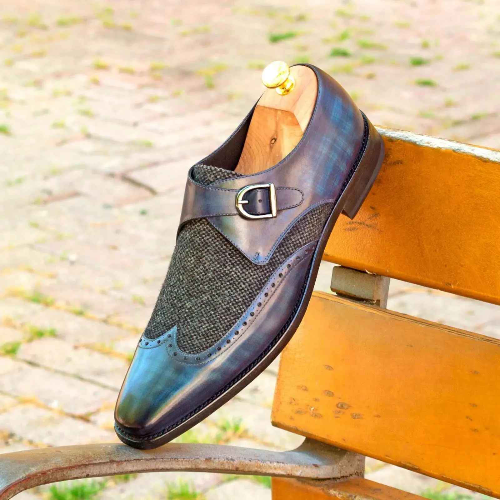 Dapperfam Shoes DapperFam Brenno in Denim / Nailhead Men's Sartorial & Hand-Painted Patina Single Monk