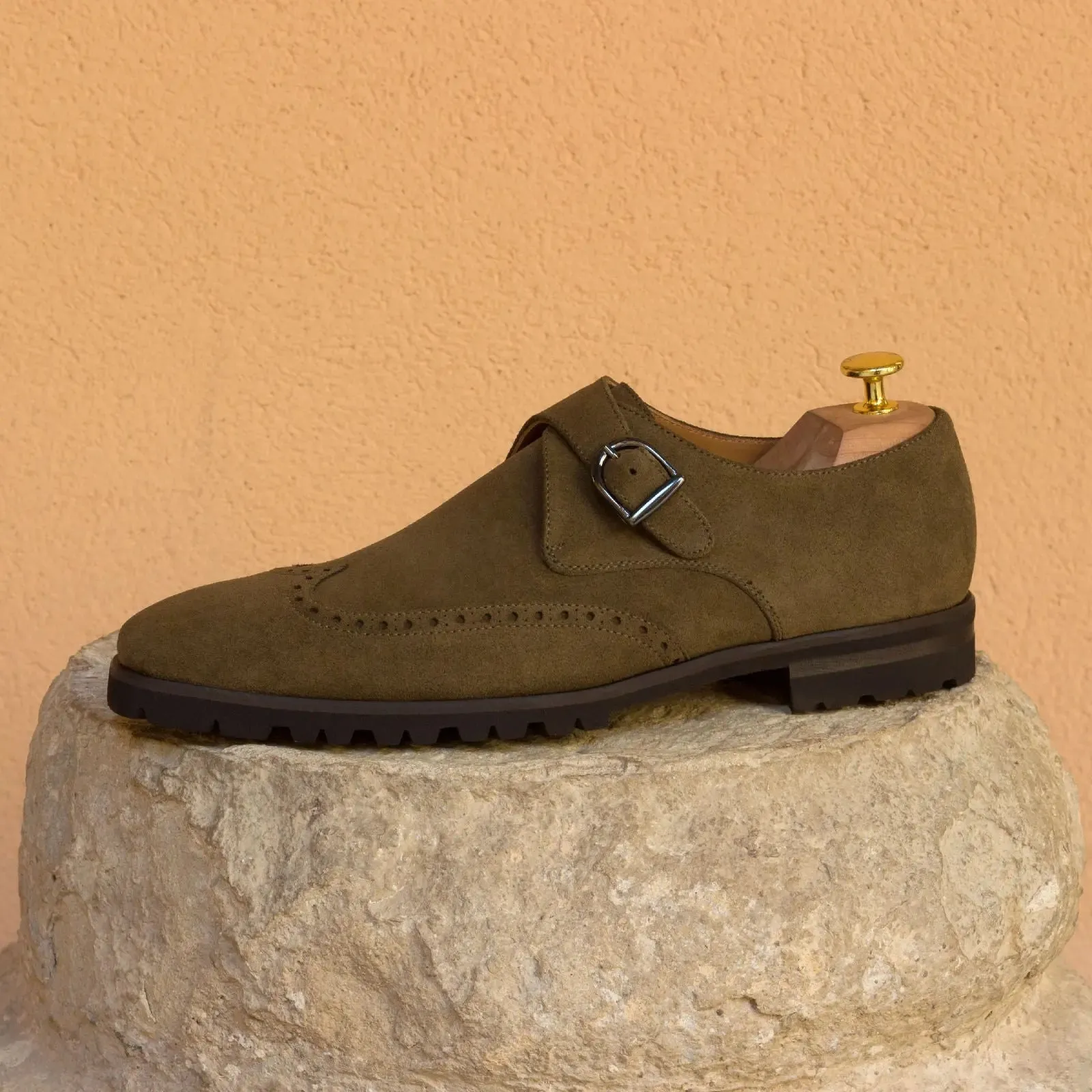 Dapperfam Shoes DapperFam Brenno in Khaki Men's Lux Suede Single Monk