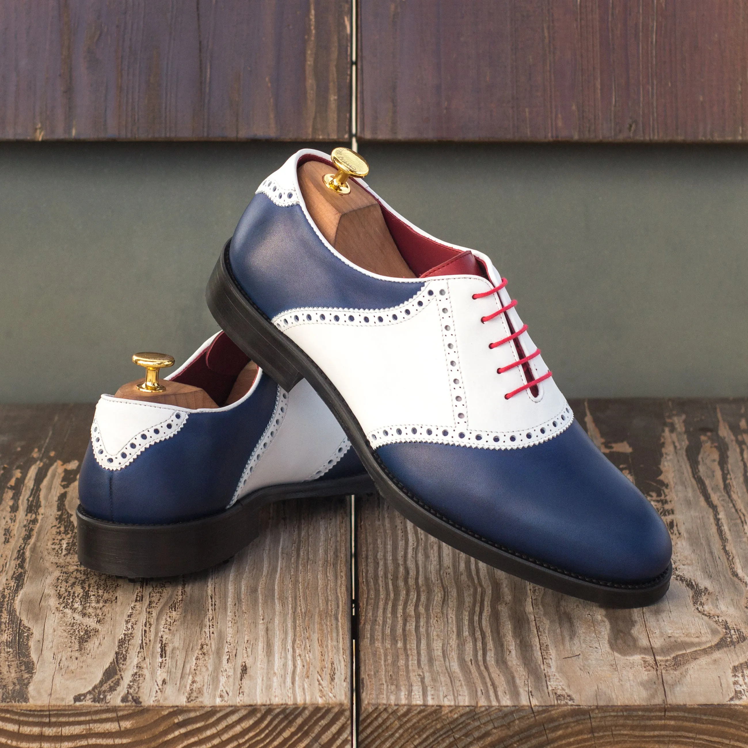 Dapperfam Shoes DapperFam Fabrizio Golf in White / Navy / Red Men's Italian Leather Saddle