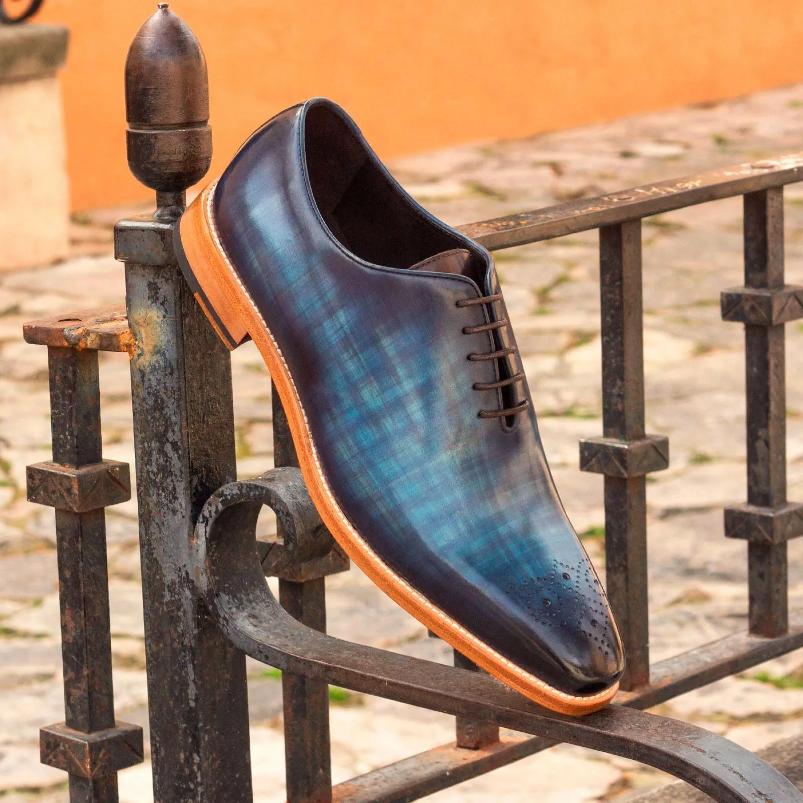 Dapperfam Shoes DapperFam Giuliano in Denim / Brown Men's Hand-Painted Patina Whole Cut