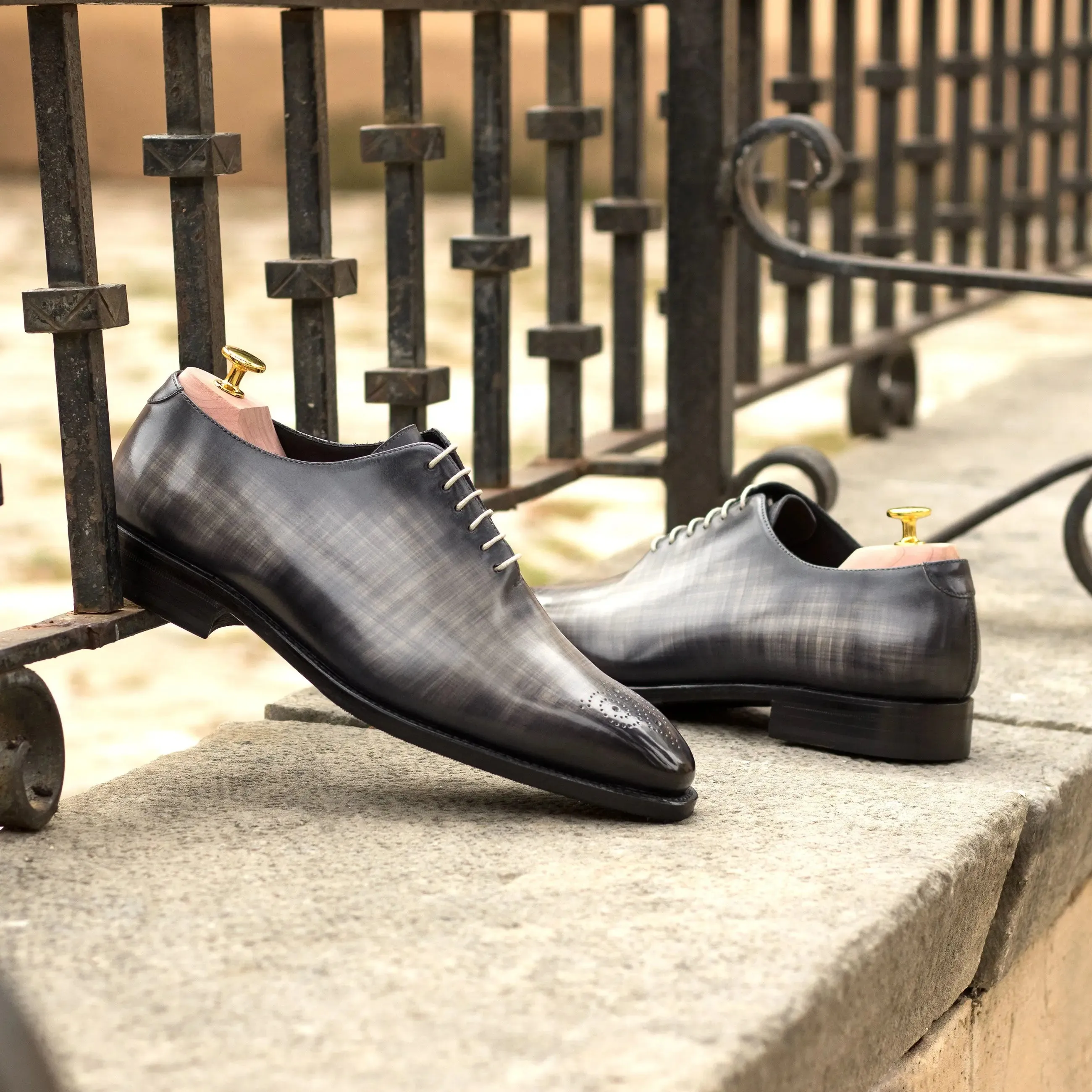 Dapperfam Shoes DapperFam Giuliano in Grey Men's Hand-Painted Patina Whole Cut