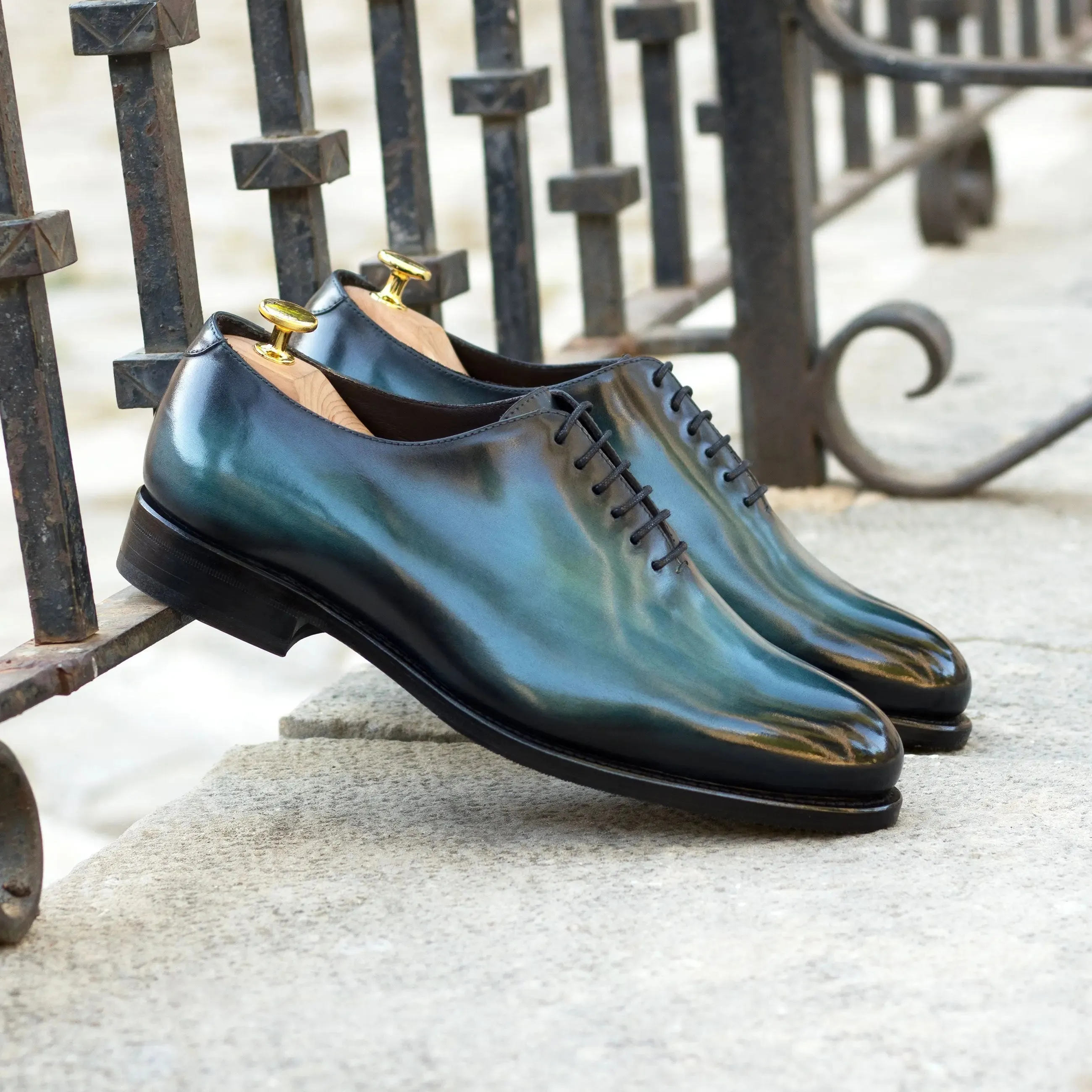 Dapperfam Shoes DapperFam Giuliano in Turquoise Men's Hand-Painted Patina Whole Cut