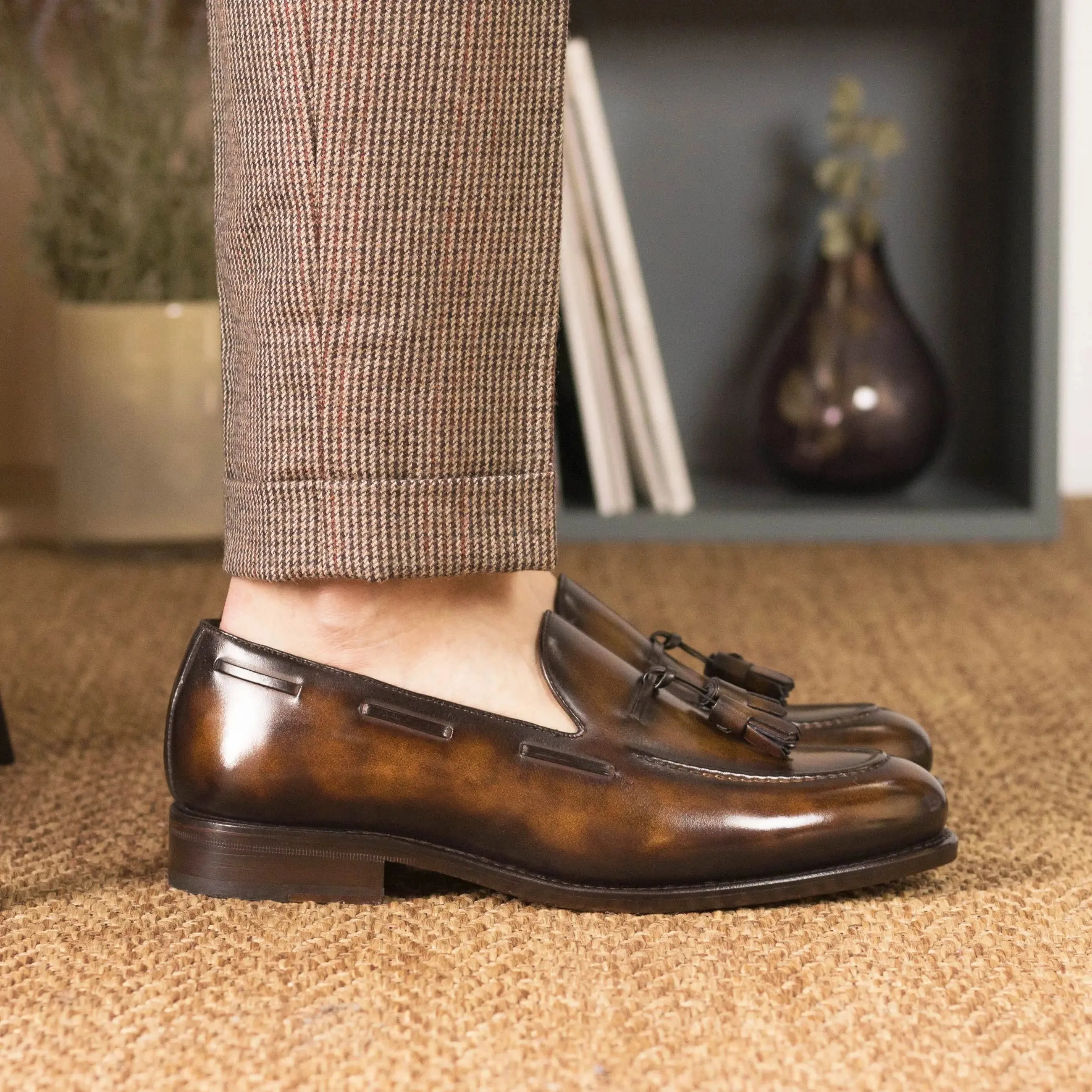 Dapperfam Shoes DapperFam Luciano in Tobacco Men's Hand-Painted Patina Loafer