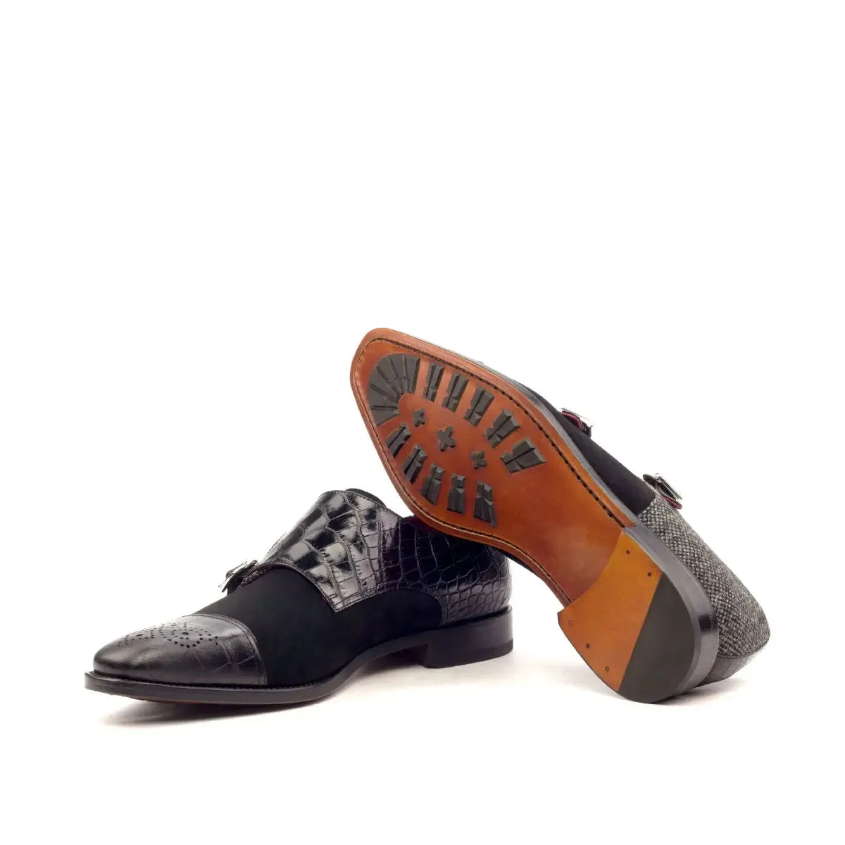Dapperfam Shoes DapperFam Monaco in Black / Nailhead Men's Sartorial & Italian Suede & Embossed Leather Double Monk