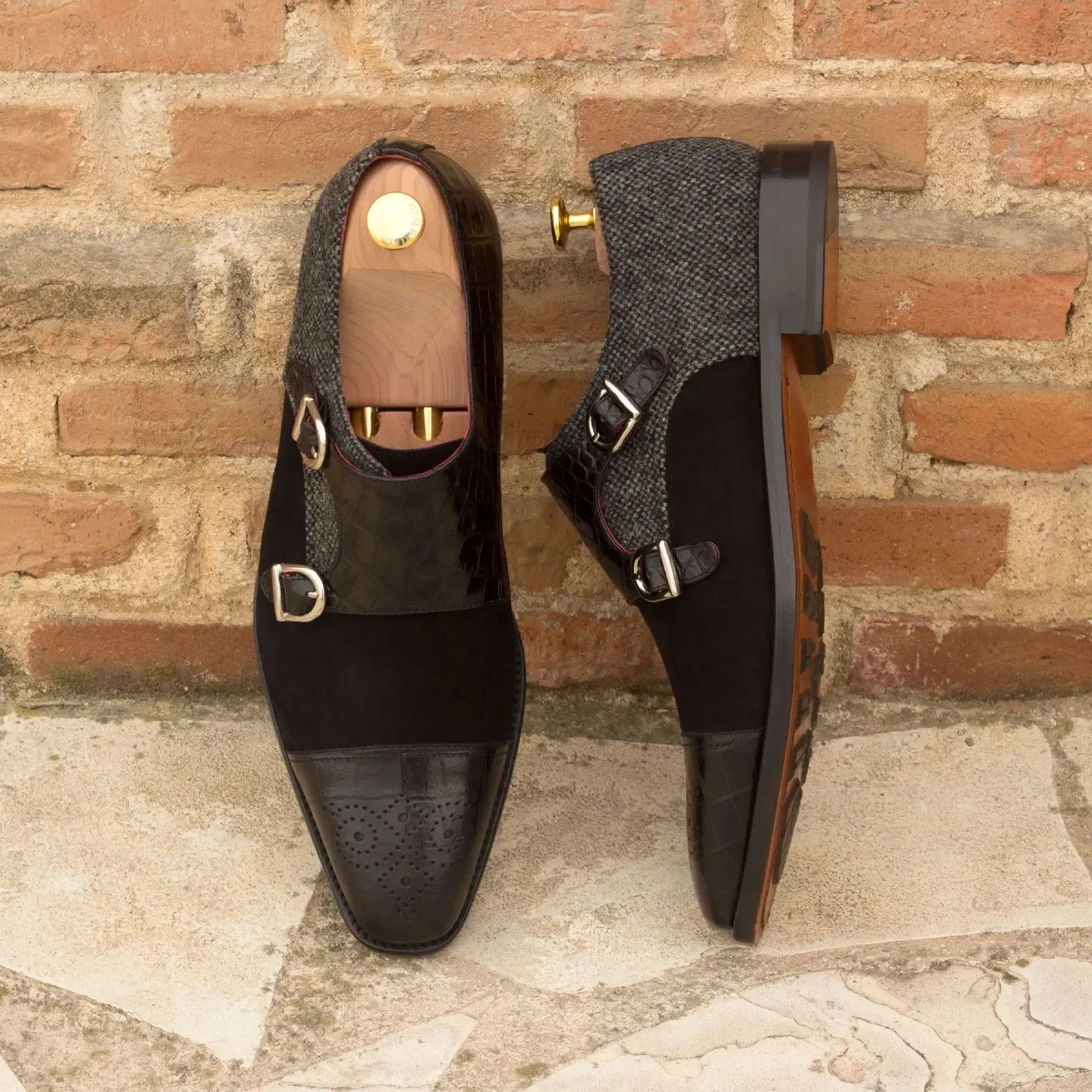 Dapperfam Shoes DapperFam Monaco in Black / Nailhead Men's Sartorial & Italian Suede & Embossed Leather Double Monk