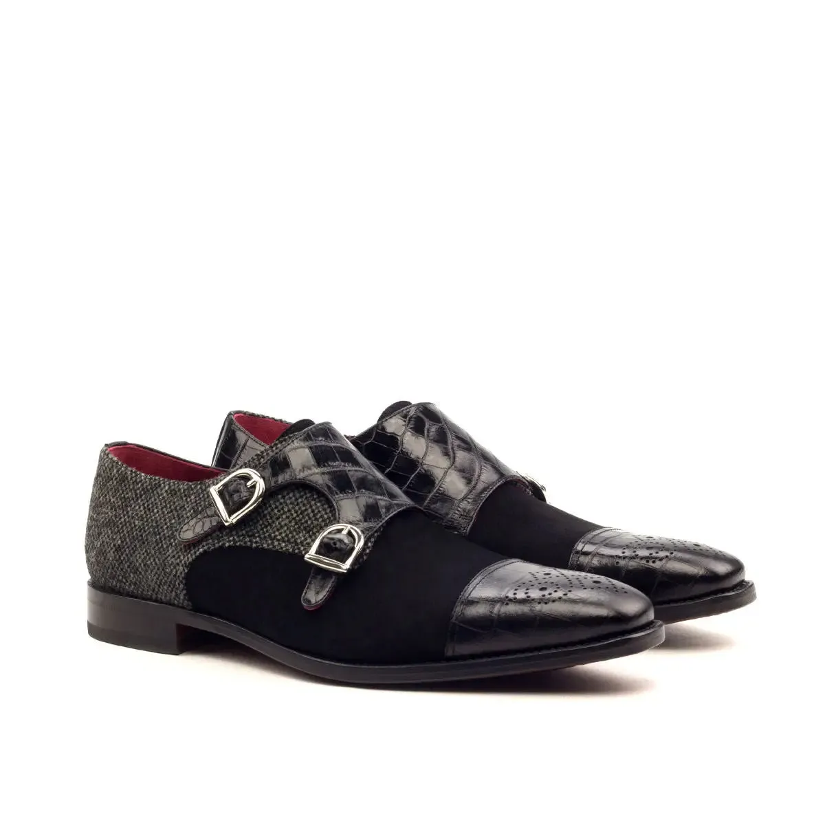 Dapperfam Shoes DapperFam Monaco in Black / Nailhead Men's Sartorial & Italian Suede & Embossed Leather Double Monk