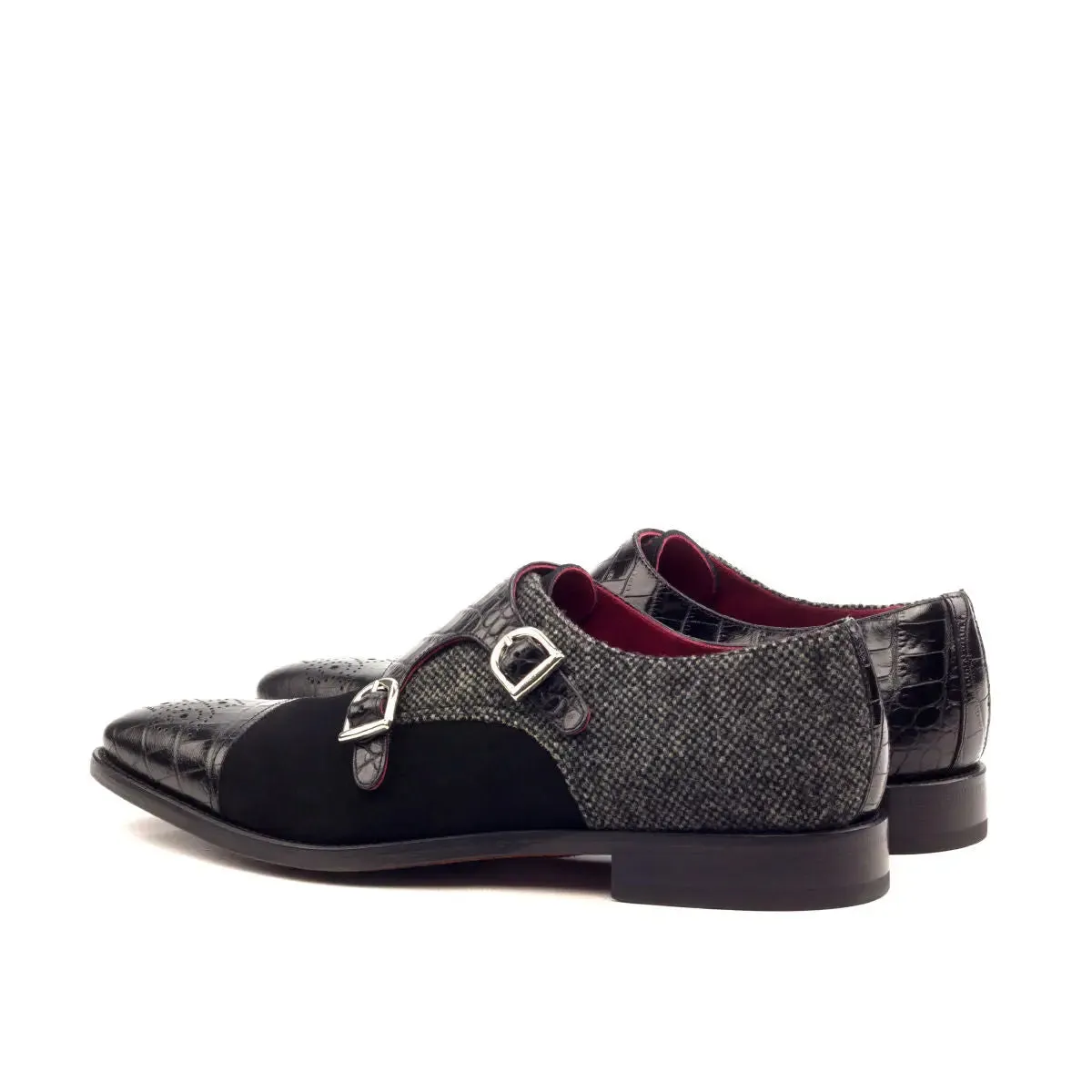 Dapperfam Shoes DapperFam Monaco in Black / Nailhead Men's Sartorial & Italian Suede & Embossed Leather Double Monk