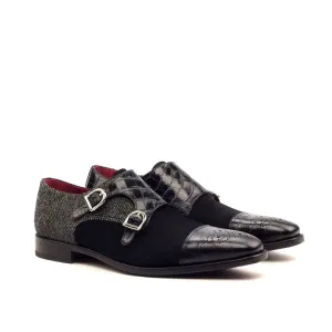 Dapperfam Shoes DapperFam Monaco in Black / Nailhead Men's Sartorial & Italian Suede & Embossed Leather Double Monk