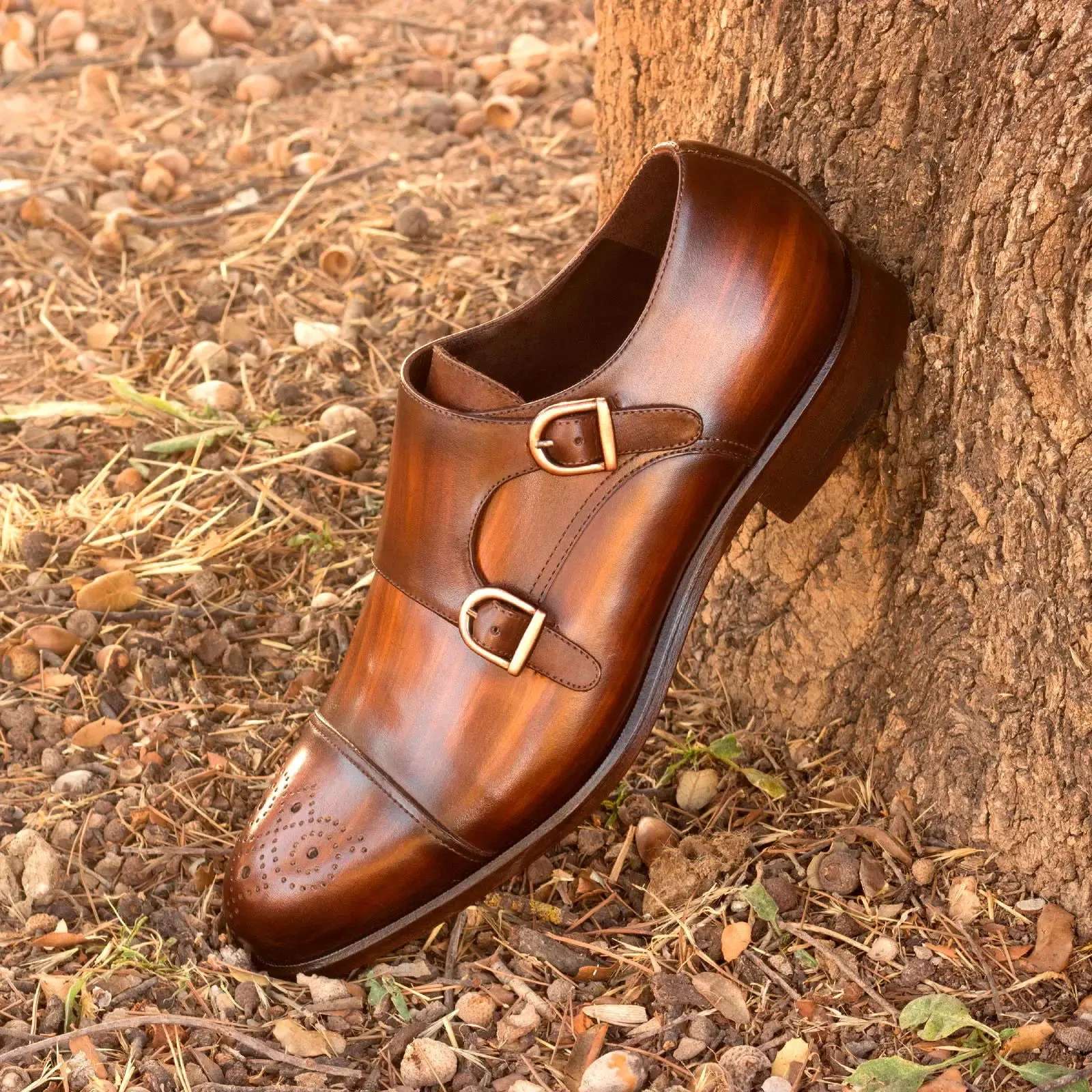Dapperfam Shoes DapperFam Monaco in Brown Men's Hand-Painted Patina Double Monk