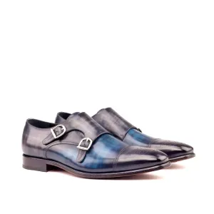 Dapperfam Shoes DapperFam Monaco in Denim / Grey Men's Hand-Painted Patina Double Monk