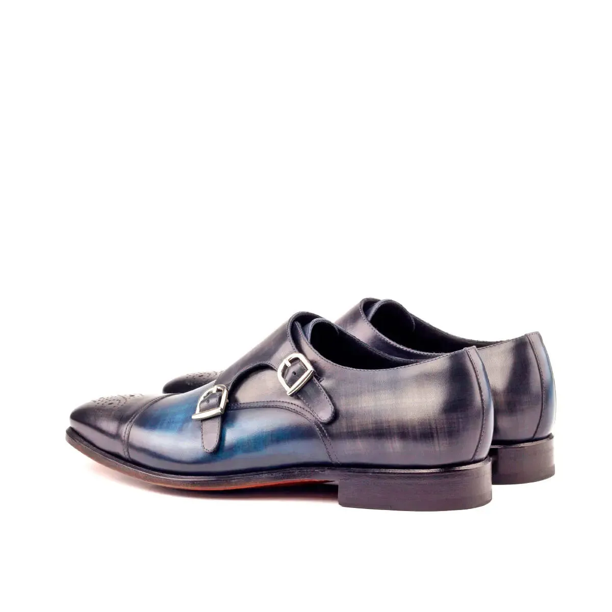 Dapperfam Shoes DapperFam Monaco in Denim / Grey Men's Hand-Painted Patina Double Monk