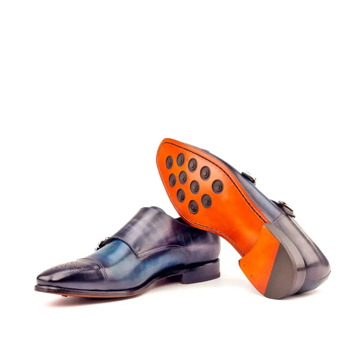 Dapperfam Shoes DapperFam Monaco in Denim / Grey Men's Hand-Painted Patina Double Monk