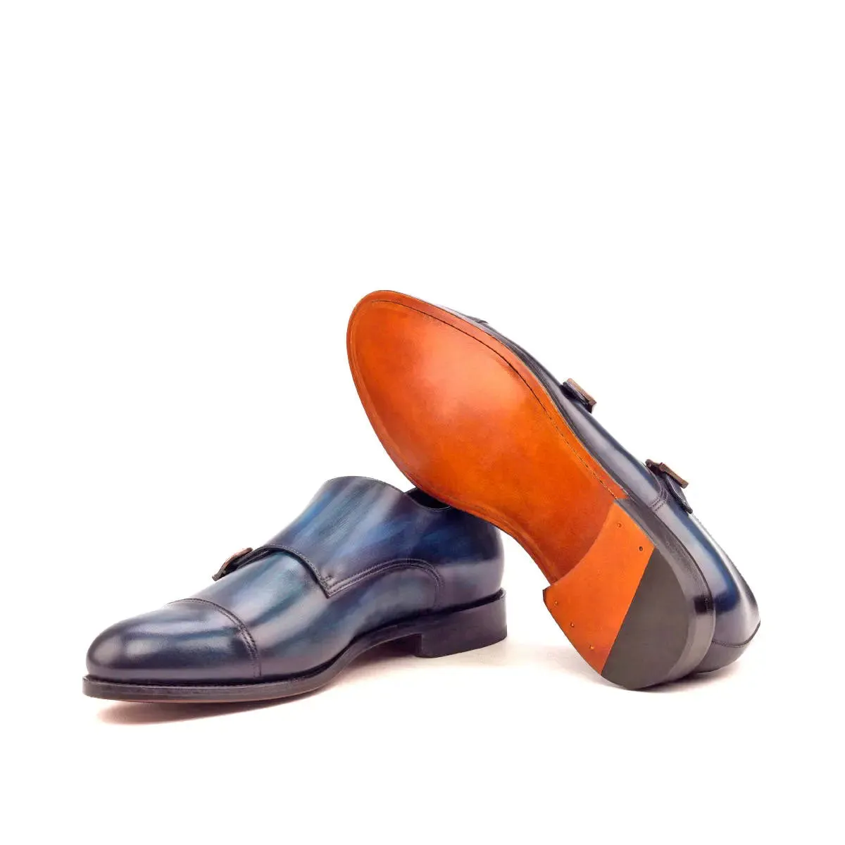 Dapperfam Shoes DapperFam Monaco in Denim Men's Hand-Painted Patina Double Monk