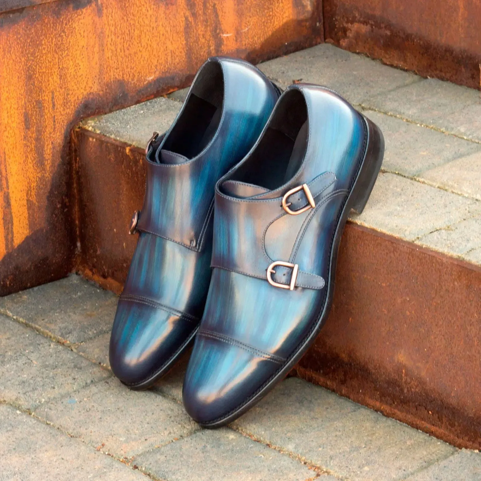 Dapperfam Shoes DapperFam Monaco in Denim Men's Hand-Painted Patina Double Monk
