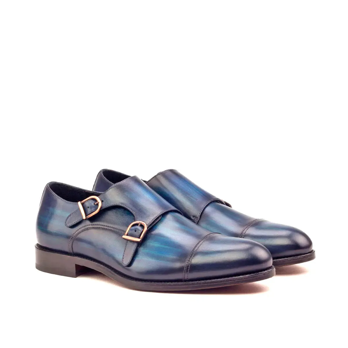 Dapperfam Shoes DapperFam Monaco in Denim Men's Hand-Painted Patina Double Monk