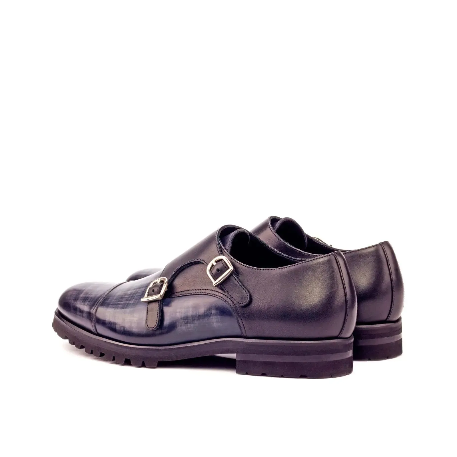 Dapperfam Shoes DapperFam Monaco in Grey / Black Men's Italian Leather & Hand-Painted Patina Double Monk