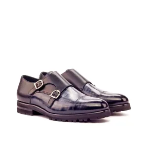 Dapperfam Shoes DapperFam Monaco in Grey / Black Men's Italian Leather & Hand-Painted Patina Double Monk
