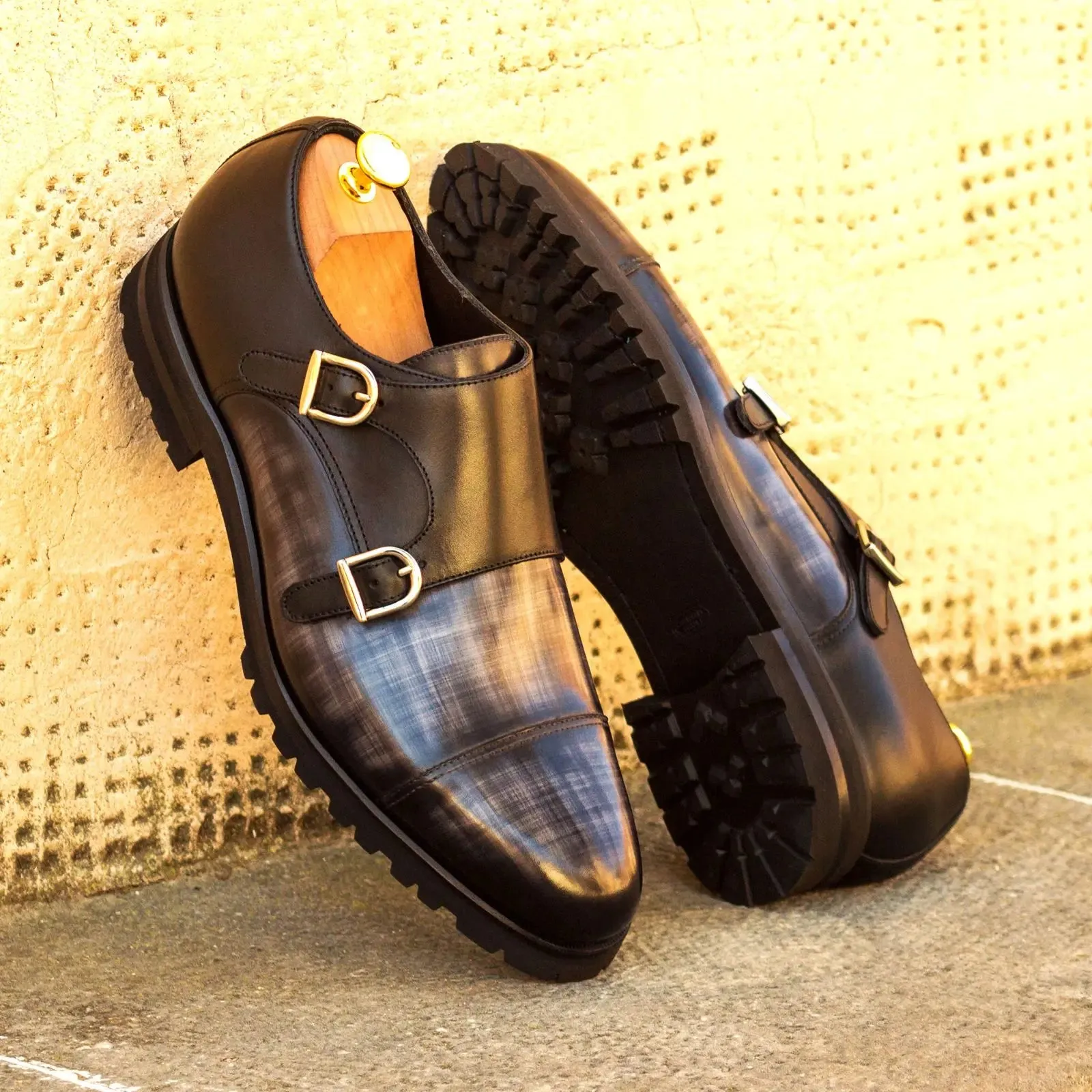 Dapperfam Shoes DapperFam Monaco in Grey / Black Men's Italian Leather & Hand-Painted Patina Double Monk