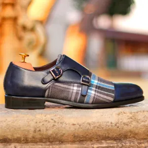 Dapperfam Shoes DapperFam Monaco in Plaid / Navy Men's Sartorial & Italian Leather Double Monk