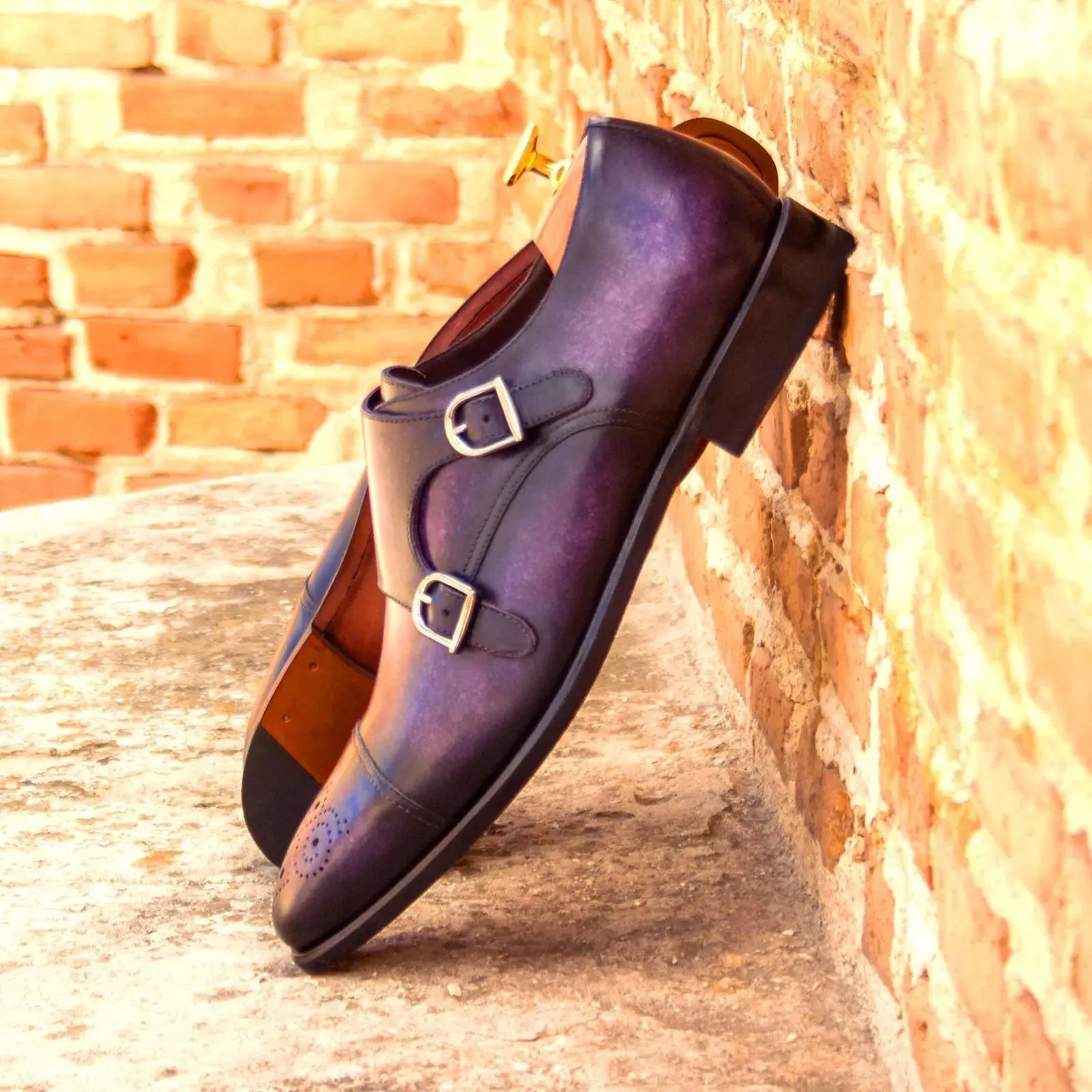 Dapperfam Shoes DapperFam Monaco in Purple Men's Hand-Painted Patina Double Monk