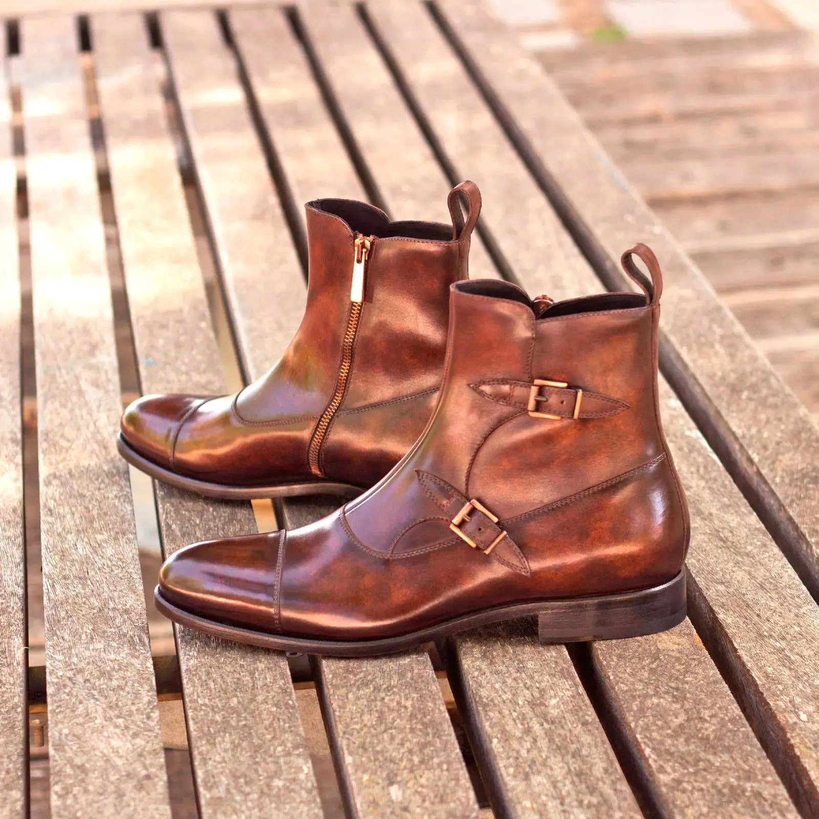 Dapperfam Shoes DapperFam Octavian in Brown Men's Hand-Painted Patina Buckle Boot