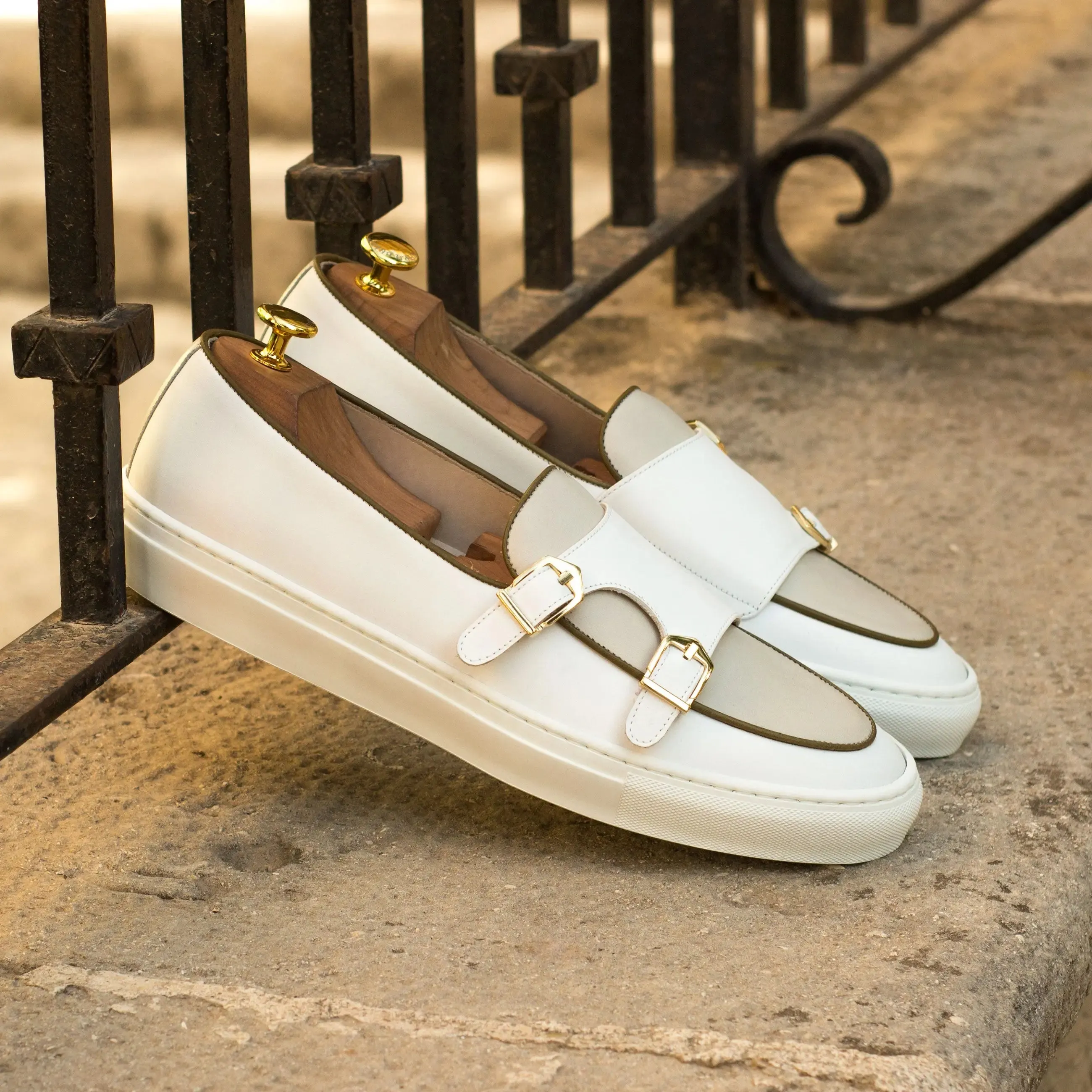 Dapperfam Shoes DapperFam Riviera in White / Nude Men's Italian Leather Monk Sneaker