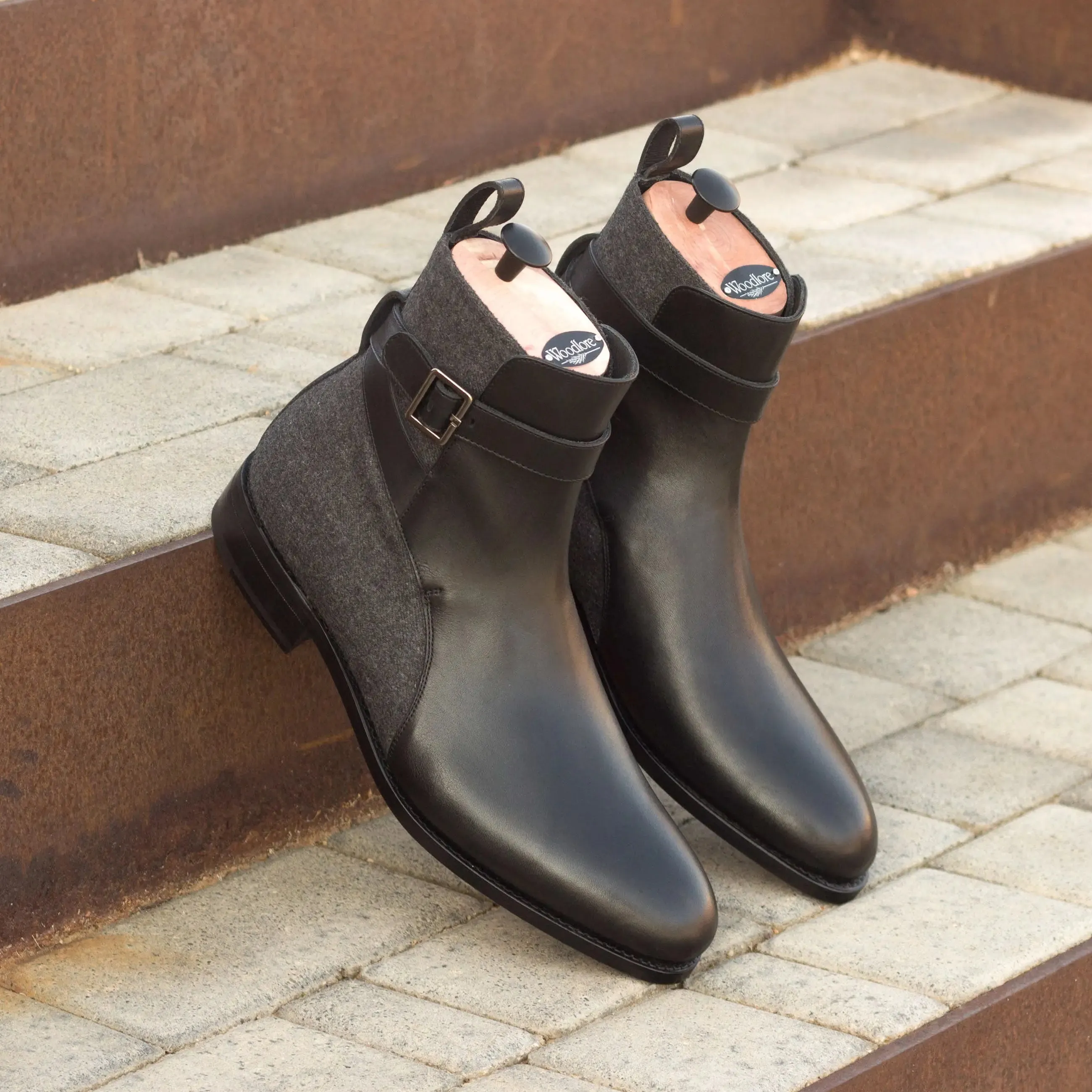 Dapperfam Shoes DapperFam Rohan in Black / Dark Grey Men's Flannel & Italian Leather Jodhpur Boot
