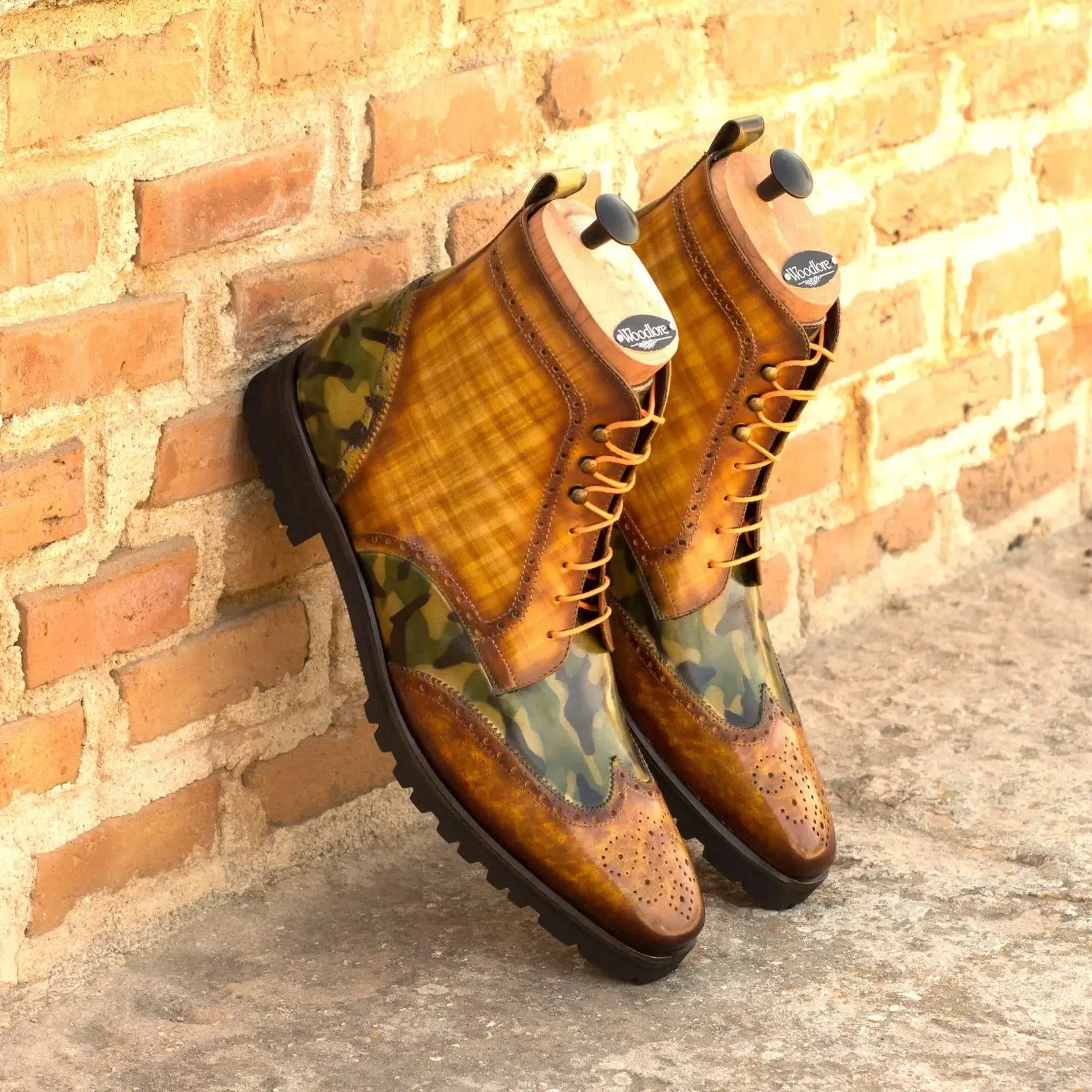 Dapperfam Shoes DapperFam Valiant in Cognac / Khaki Camo Men's Hand-Painted Patina Military Brogue