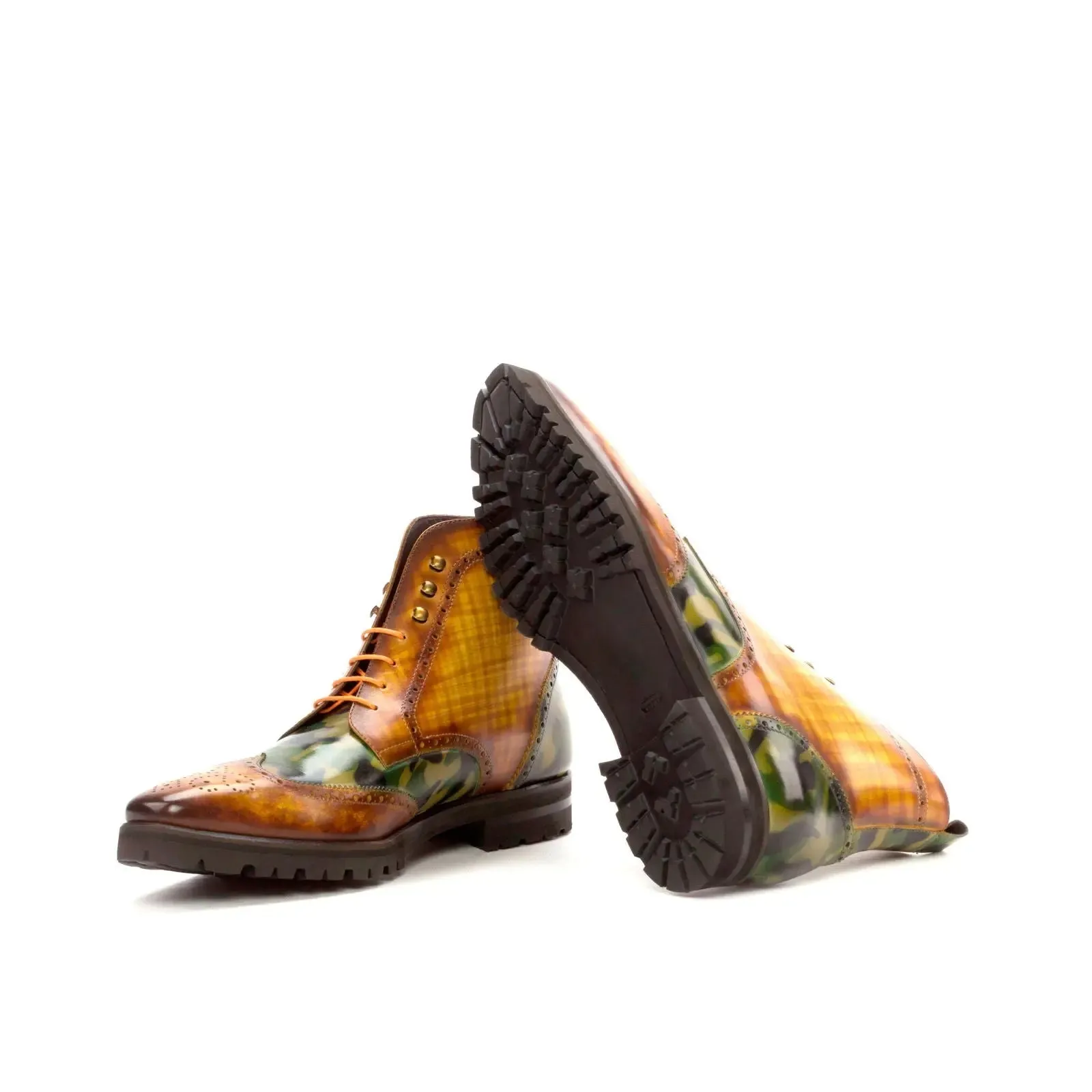 Dapperfam Shoes DapperFam Valiant in Cognac / Khaki Camo Men's Hand-Painted Patina Military Brogue