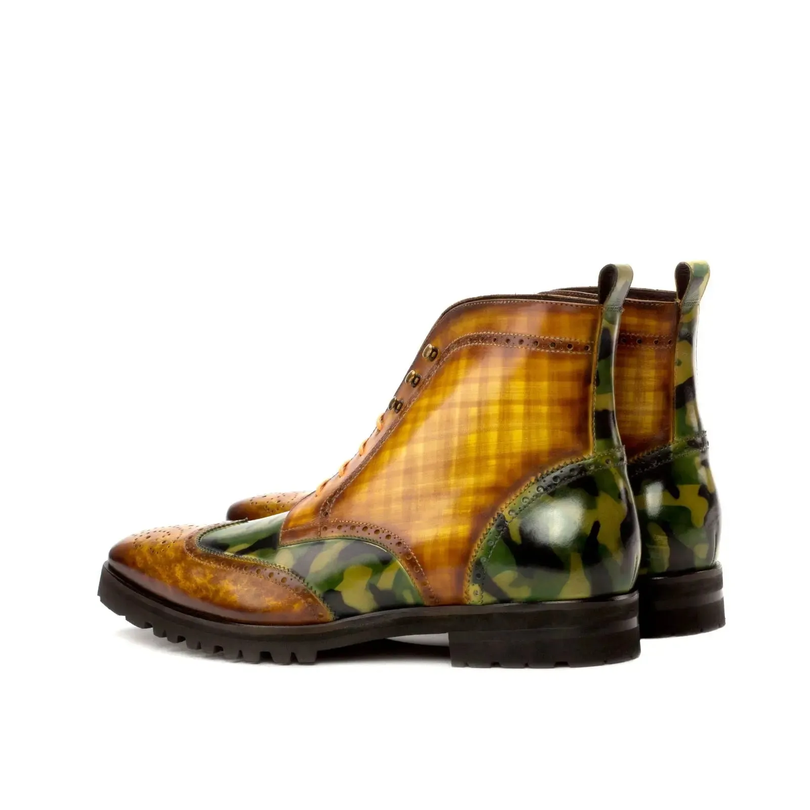 Dapperfam Shoes DapperFam Valiant in Cognac / Khaki Camo Men's Hand-Painted Patina Military Brogue