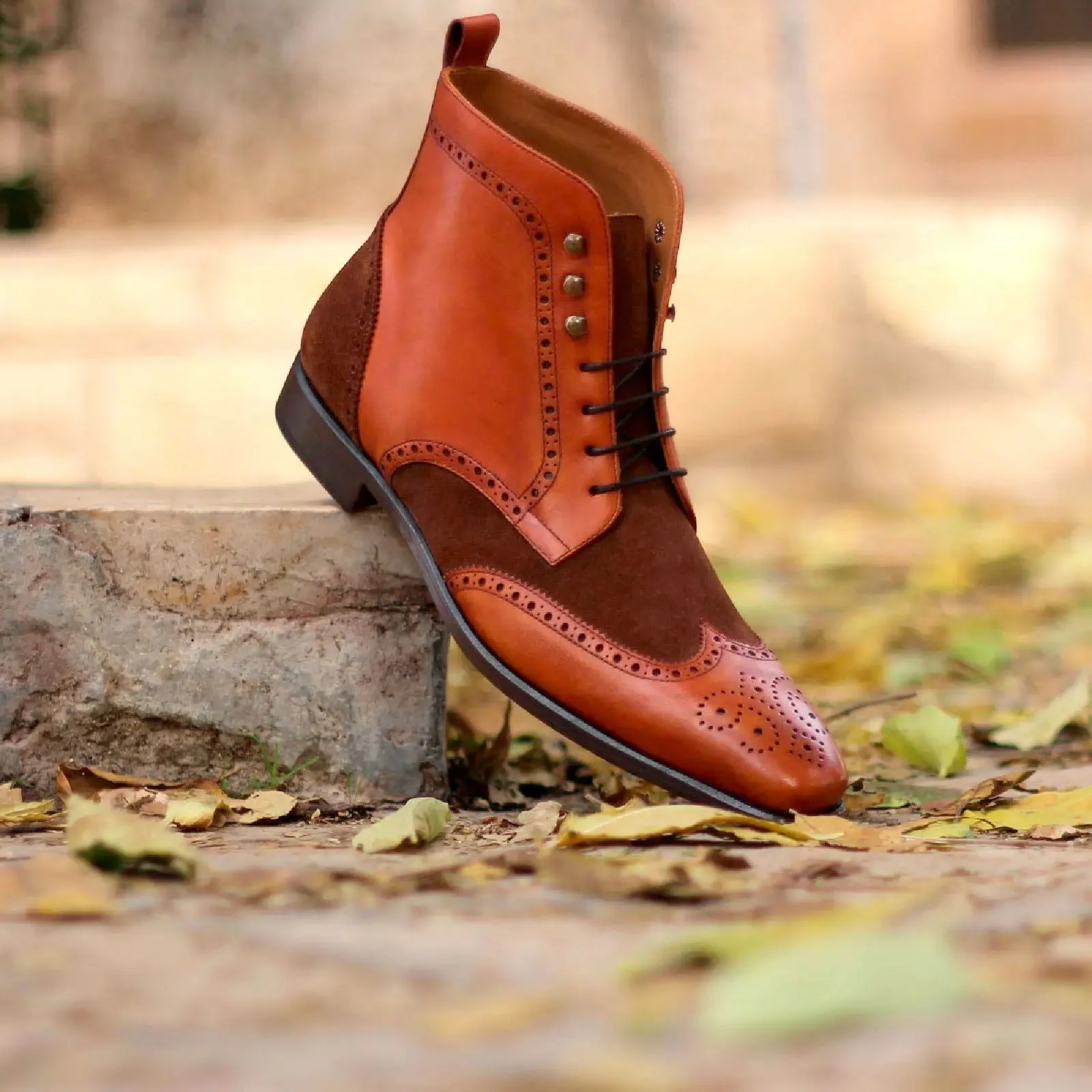 Dapperfam Shoes DapperFam Valiant in Dark Brown / Med Brown Men's Lux Suede & Italian Leather Military Brogue