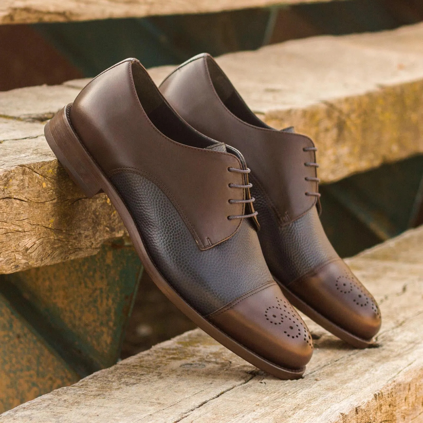 Dapperfam Shoes DapperFam Vero in Dark Brown / Navy Men's Italian Leather & Italian Pebble Grain Leather Derby