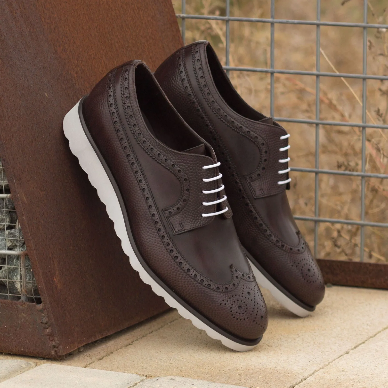 Dapperfam Shoes DapperFam Zephyr in Dark Brown Men's Italian Leather & Italian Pebble Grain Leather Longwing Blucher