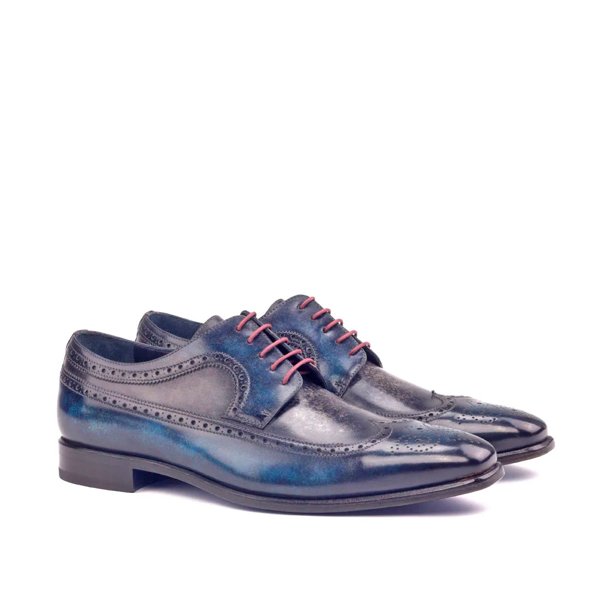 Dapperfam Shoes DapperFam Zephyr in Denim / Grey Men's Hand-Painted Patina Longwing Blucher