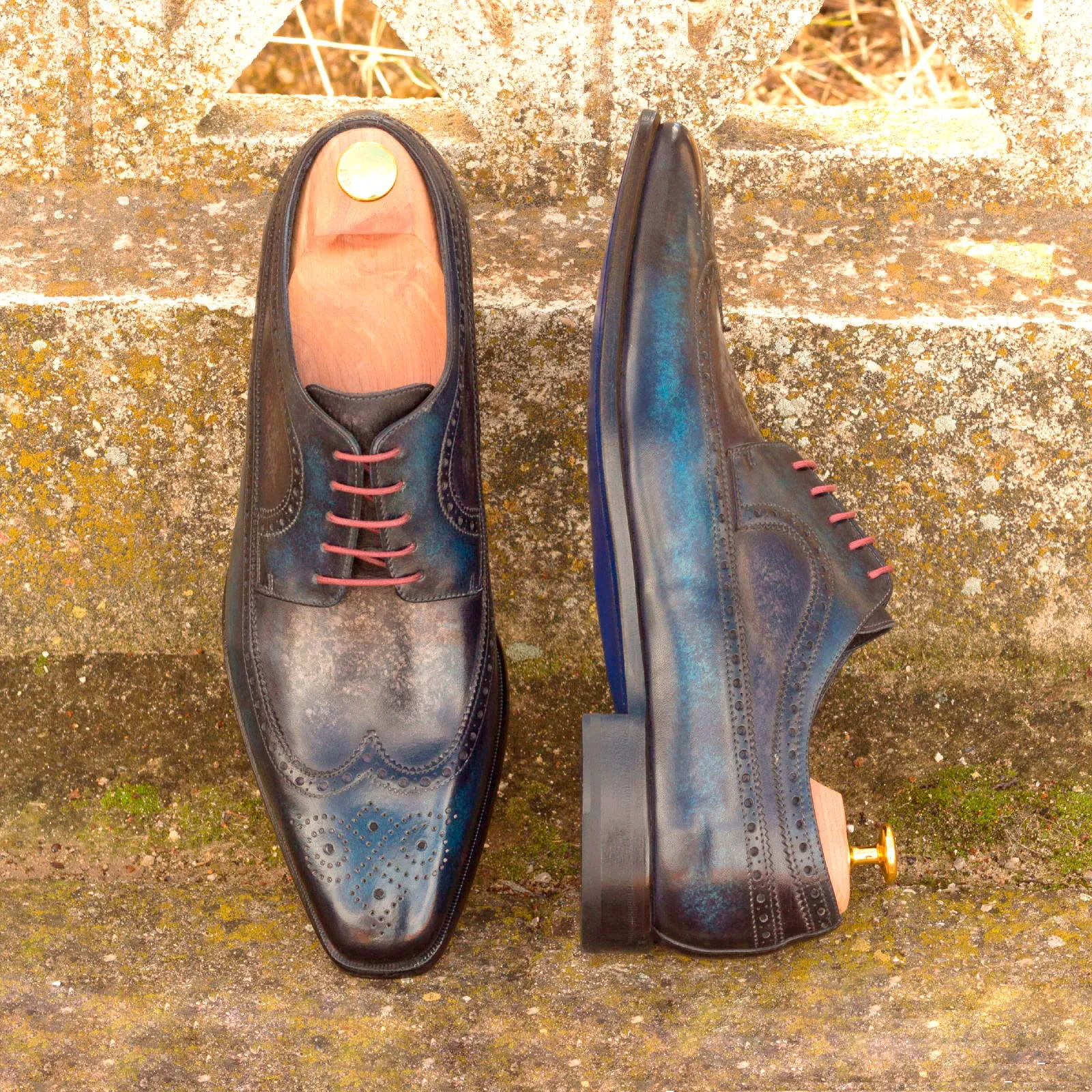 Dapperfam Shoes DapperFam Zephyr in Denim / Grey Men's Hand-Painted Patina Longwing Blucher