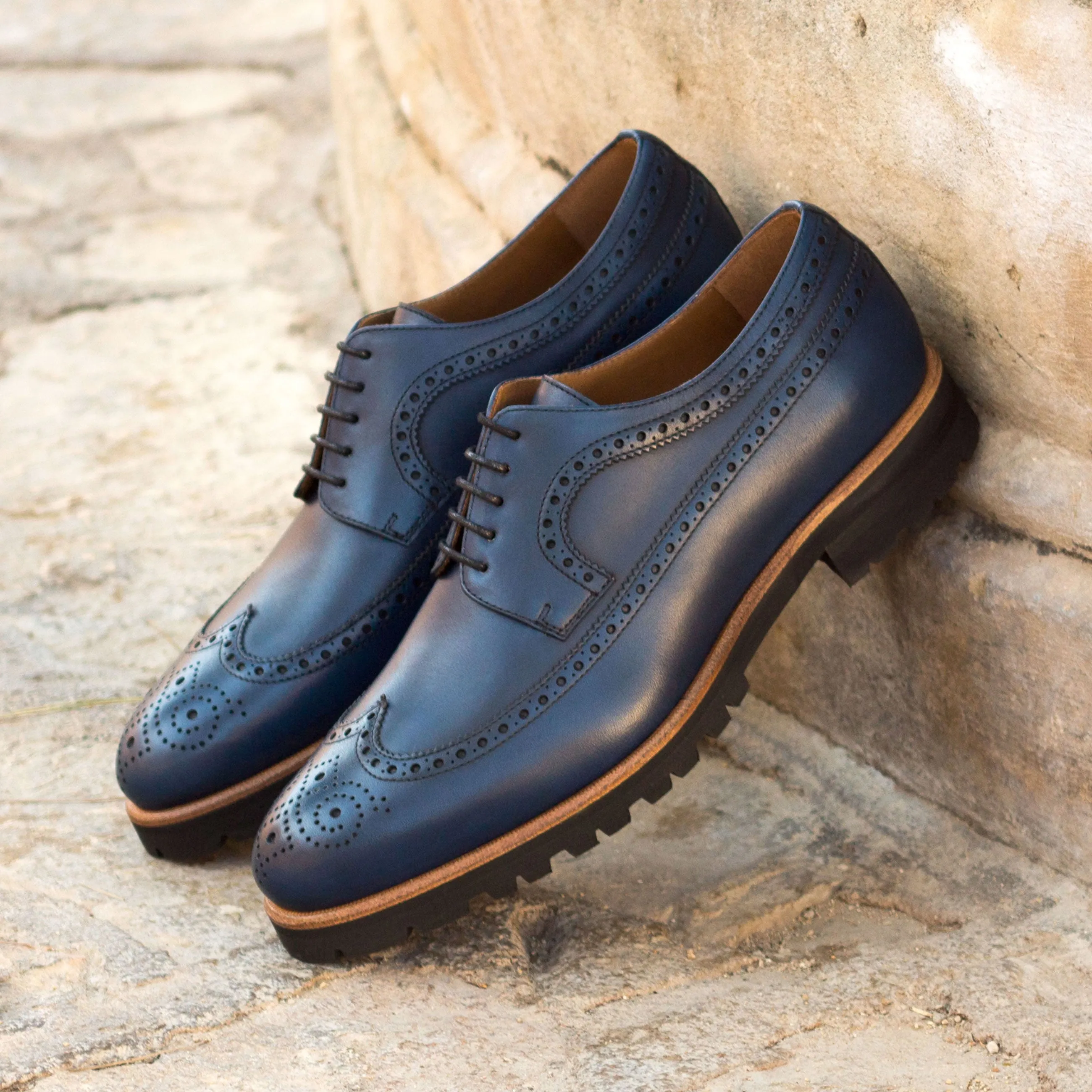 Dapperfam Shoes DapperFam Zephyr in Navy Men's Italian Leather Longwing Blucher