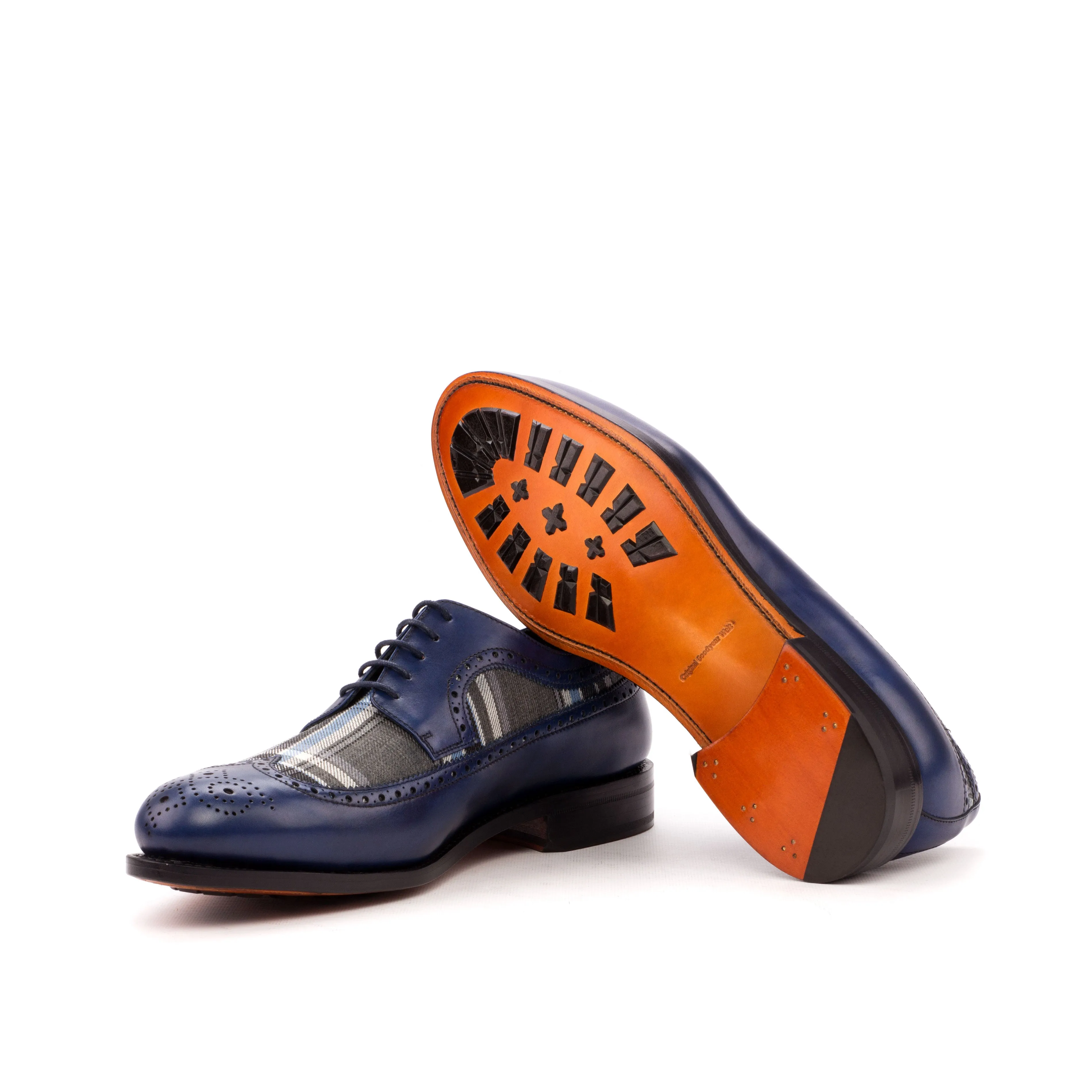 Dapperfam Shoes DapperFam Zephyr in Plaid / Navy Men's Sartorial & Italian Leather Longwing Blucher