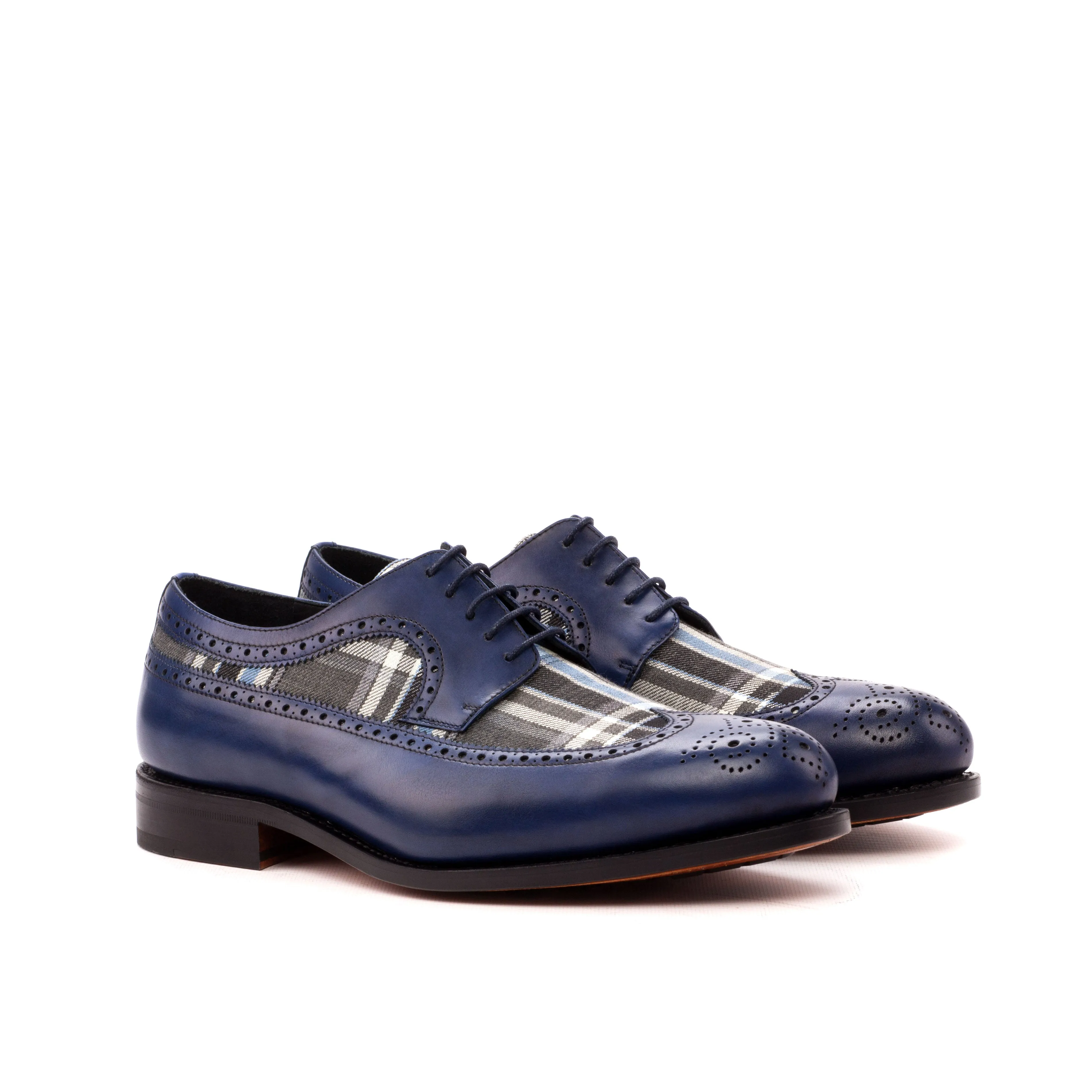 Dapperfam Shoes DapperFam Zephyr in Plaid / Navy Men's Sartorial & Italian Leather Longwing Blucher