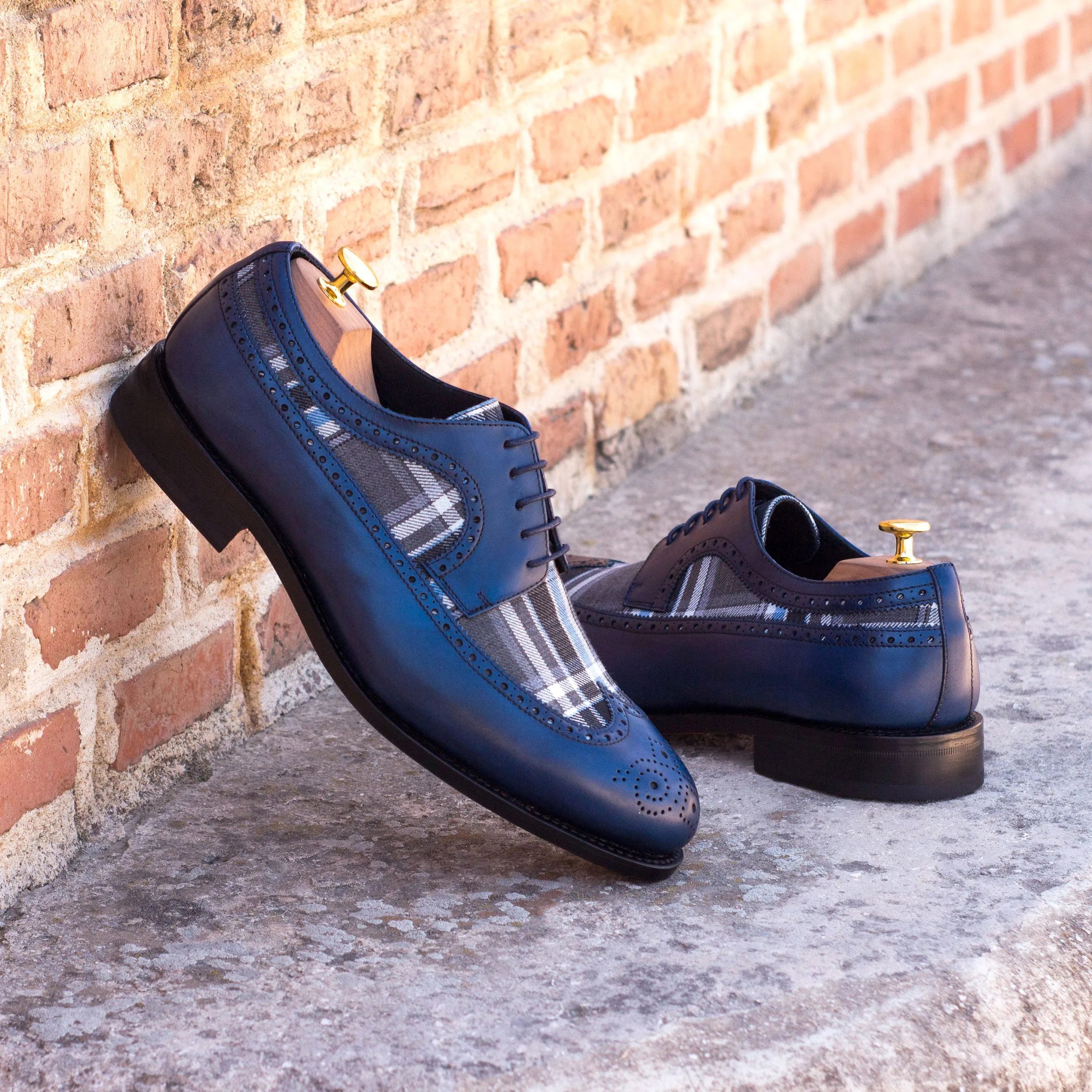 Dapperfam Shoes DapperFam Zephyr in Plaid / Navy Men's Sartorial & Italian Leather Longwing Blucher