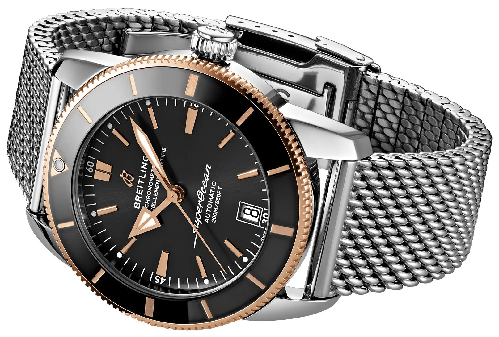 Jewelry Breitling Watches Breitling Superocean Heritage Automatic Chronometer Stainless Steel & 18k Rose Gold Black Dial Date Divers Mens Watch Special Edition UB2010121B1A1